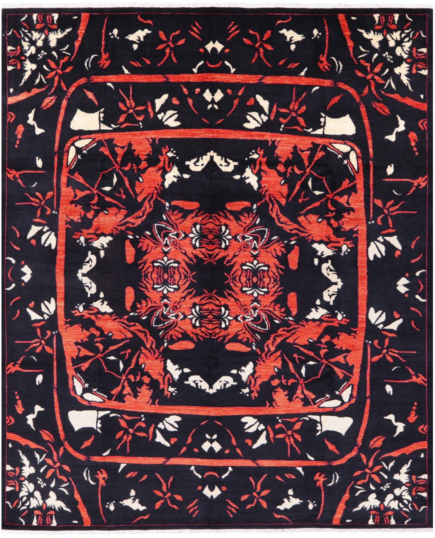 Black William Morris Handmade Wool Rug - 9' 2" X 11' 5" - Golden Nile