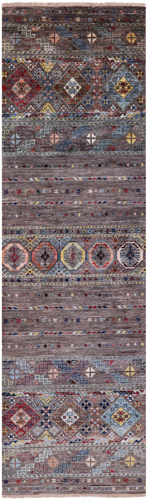 Grey Khorjin Persian Gabbeh Hand Knotted Wool Runner Rug - 2' 8" X 9' 0" - Golden Nile