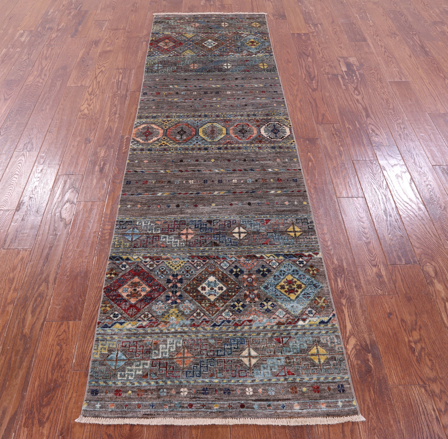 Grey Khorjin Persian Gabbeh Hand Knotted Wool Runner Rug - 2' 8" X 9' 0" - Golden Nile