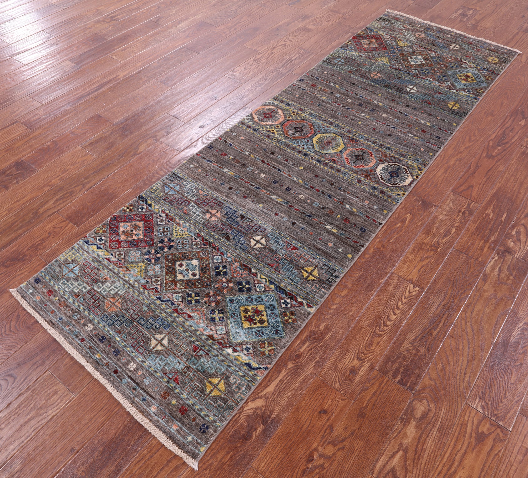 Grey Khorjin Persian Gabbeh Hand Knotted Wool Runner Rug - 2' 8" X 9' 0" - Golden Nile