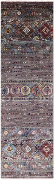 Grey Khorjin Persian Gabbeh Hand Knotted Wool Runner Rug - 2' 8" X 9' 0" - Golden Nile