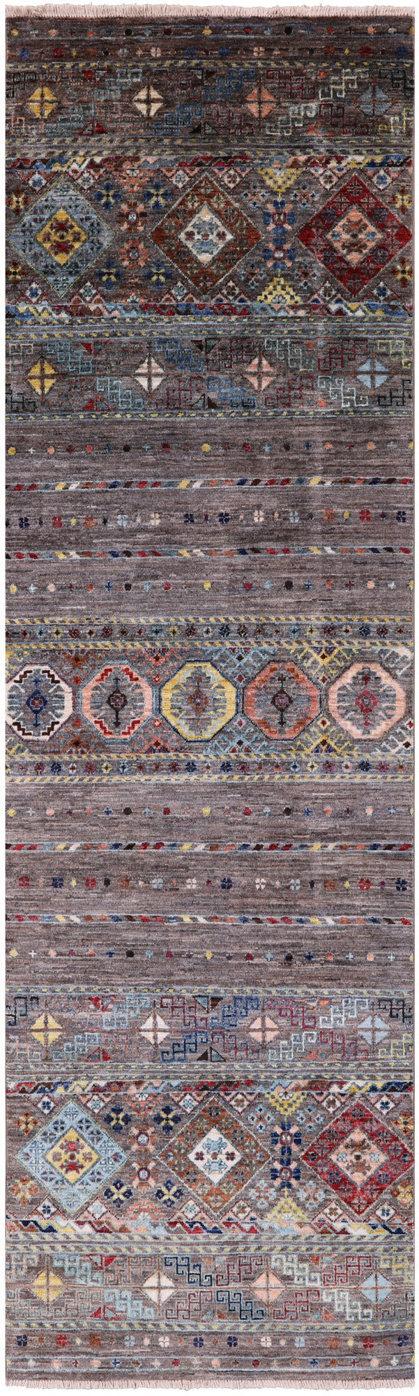 Grey Khorjin Persian Gabbeh Hand Knotted Wool Runner Rug - 2' 8" X 9' 0" - Golden Nile