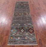 Grey Khorjin Persian Gabbeh Hand Knotted Wool Runner Rug - 2' 8" X 9' 0" - Golden Nile