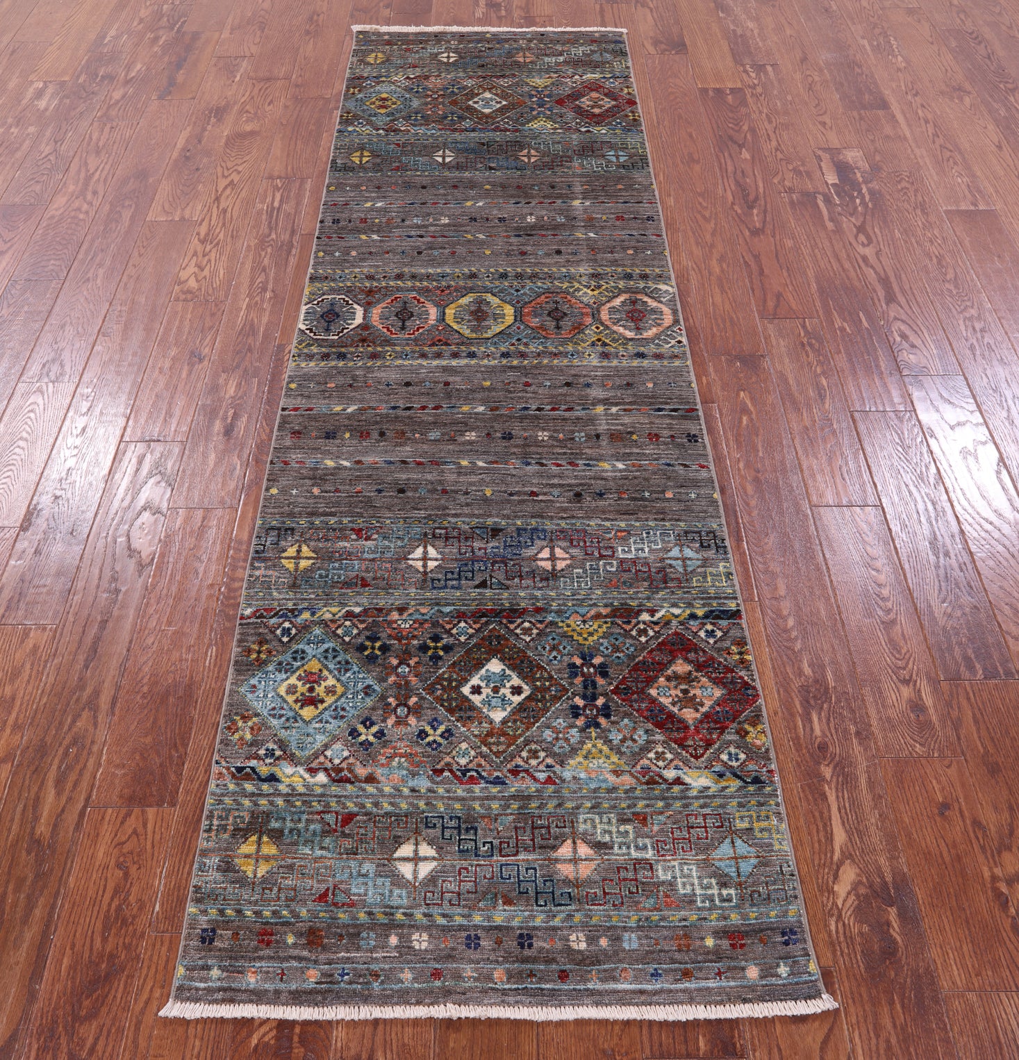 Grey Khorjin Persian Gabbeh Hand Knotted Wool Runner Rug - 2' 8" X 9' 0" - Golden Nile