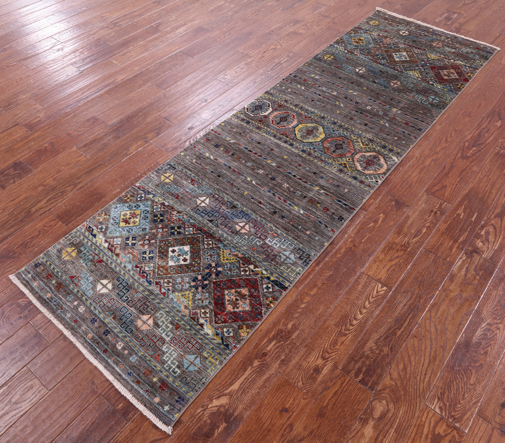 Grey Khorjin Persian Gabbeh Hand Knotted Wool Runner Rug - 2' 8" X 9' 0" - Golden Nile