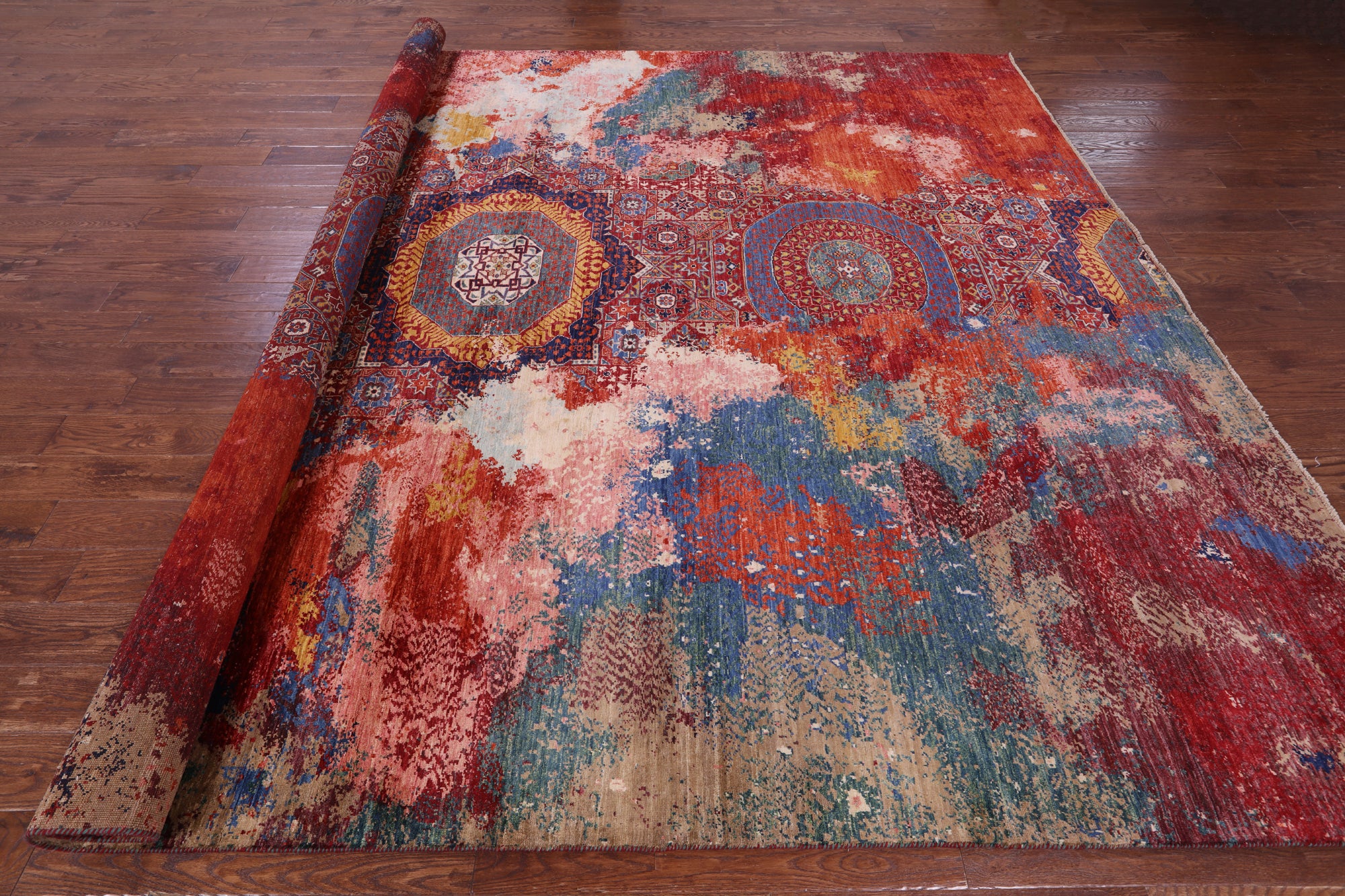 Geometric Persian Mamluk Hand Knotted Wool Rug - 9' 11" X 12' 7" - Golden Nile