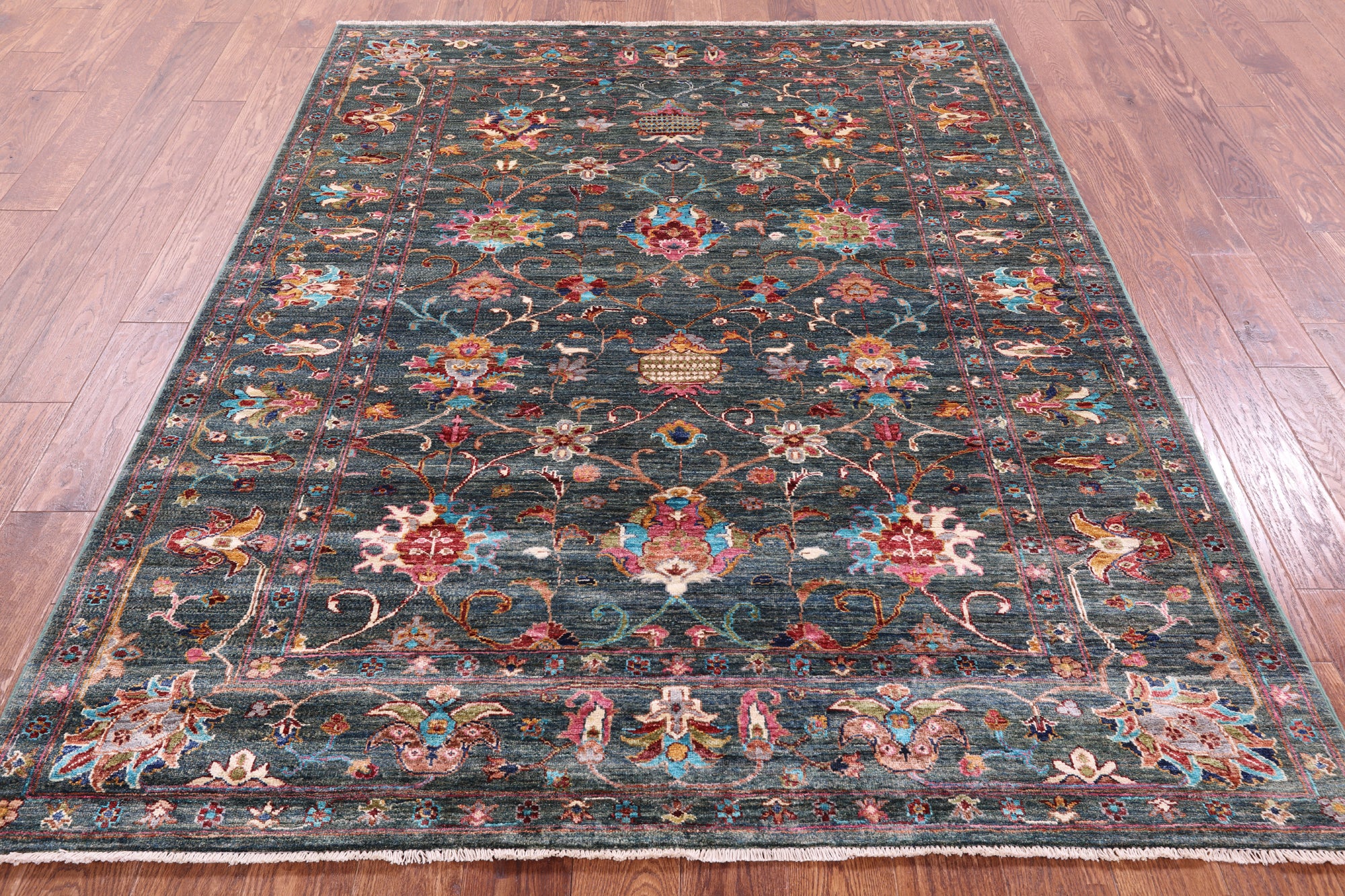 Green Peshawar Handmade Wool Rug - 5' 8" X 7' 4" - Golden Nile
