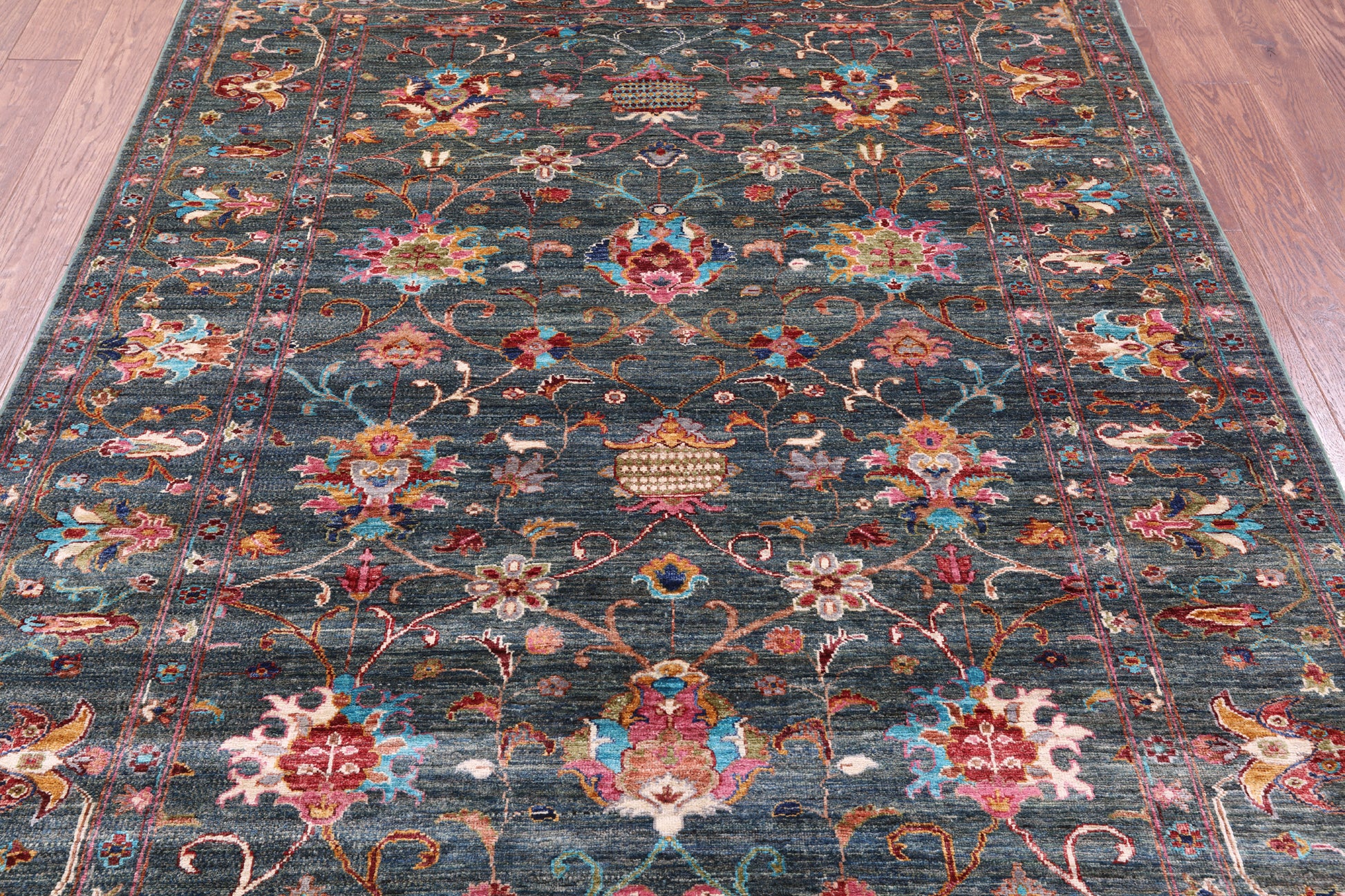 Green Peshawar Handmade Wool Rug - 5' 8" X 7' 4" - Golden Nile