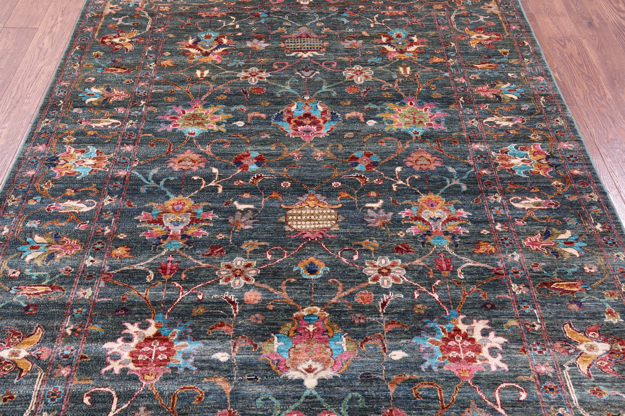 Green Peshawar Handmade Wool Rug - 5' 8" X 7' 4" - Golden Nile