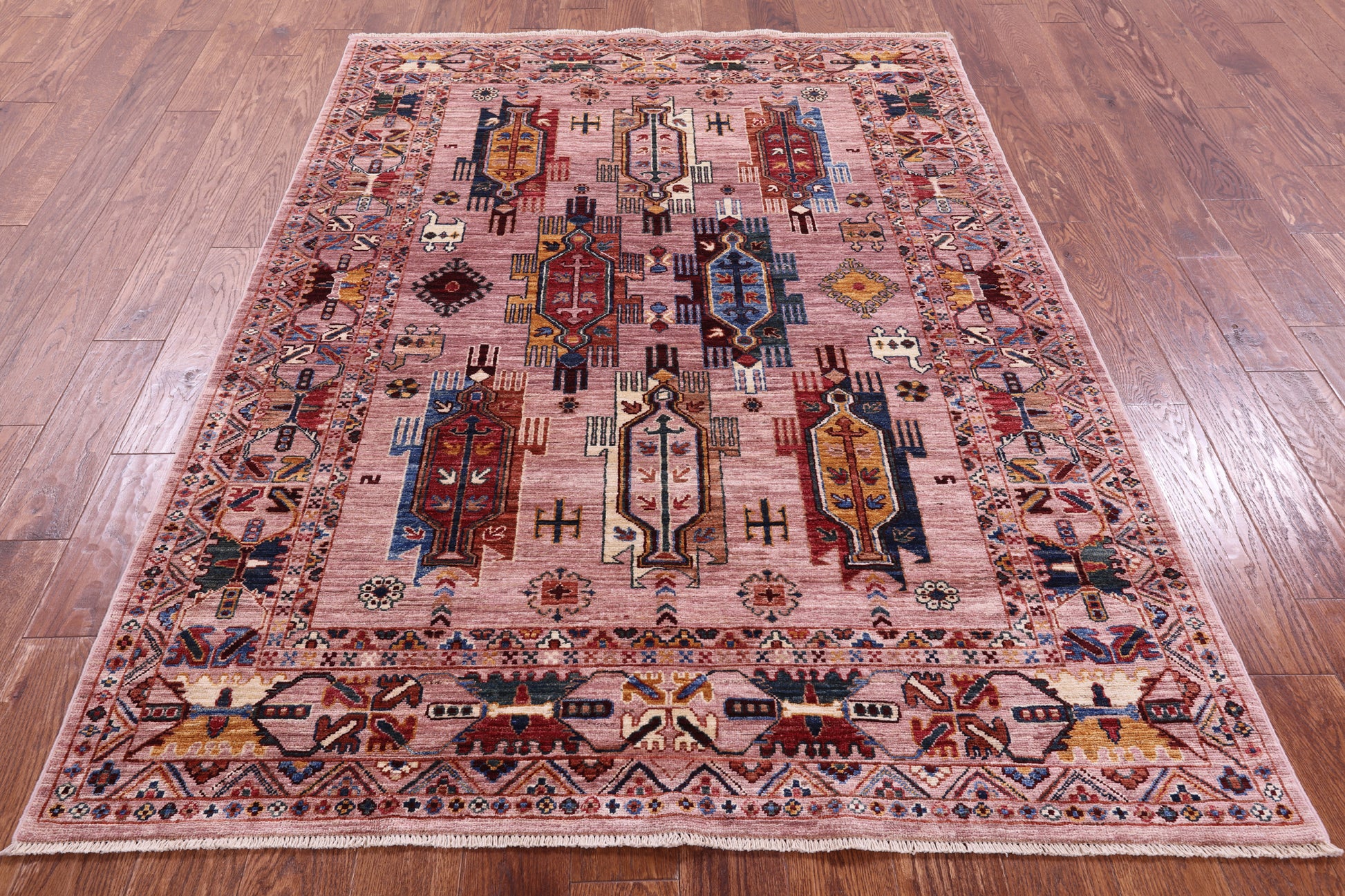 Pink Persian Fine Serapi Hand Knotted Wool Rug - 5' 1" X 7' 0" - Golden Nile
