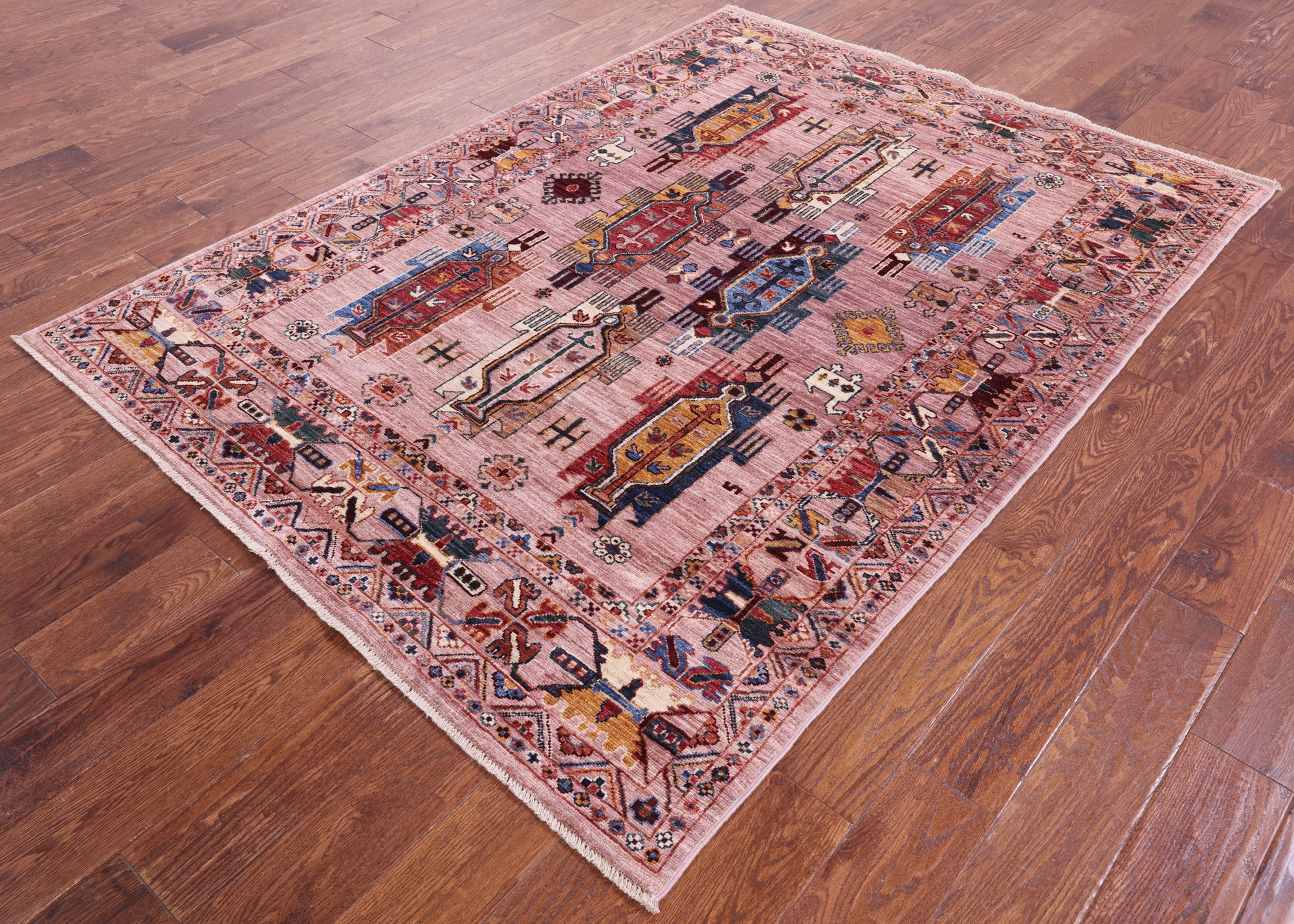 Pink Persian Fine Serapi Hand Knotted Wool Rug - 5' 1" X 7' 0" - Golden Nile