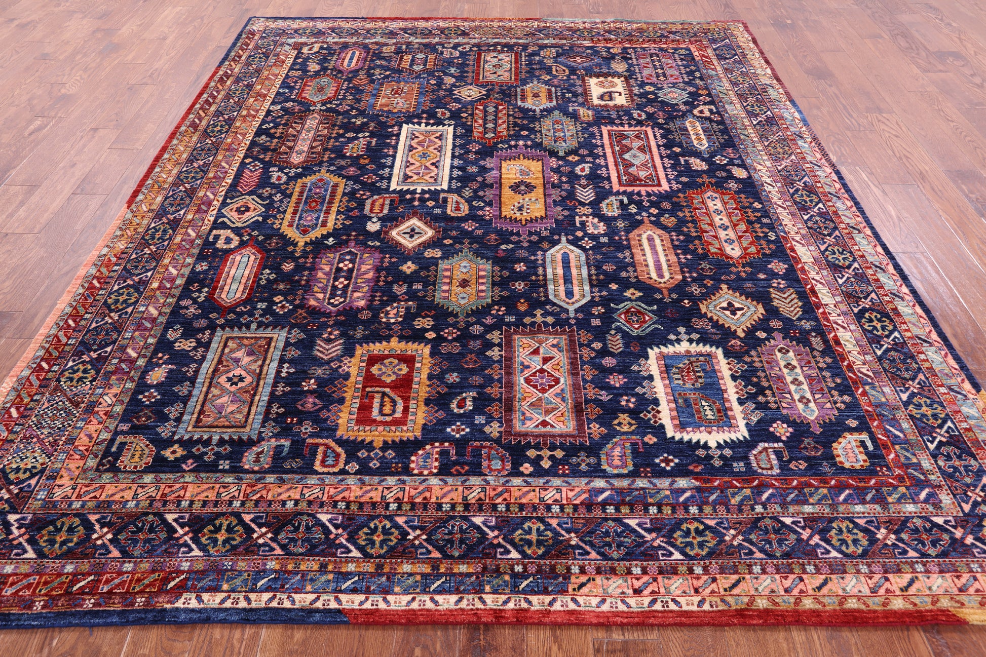 Blue Persian Fine Serapi Hand Knotted Wool Rug - 8' 2" X 9' 6" - Golden Nile