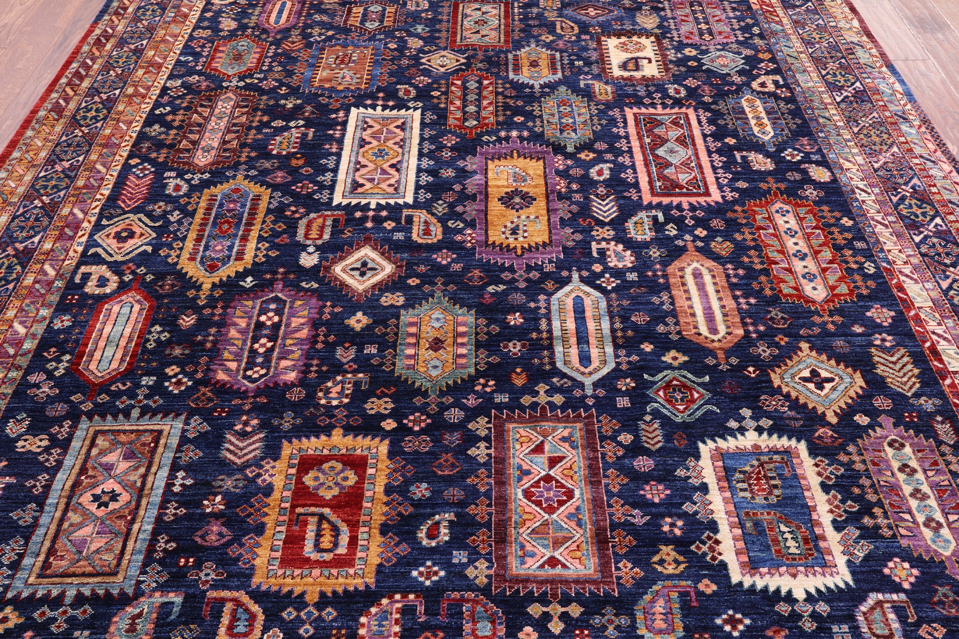 Blue Persian Fine Serapi Hand Knotted Wool Rug - 8' 2" X 9' 6" - Golden Nile