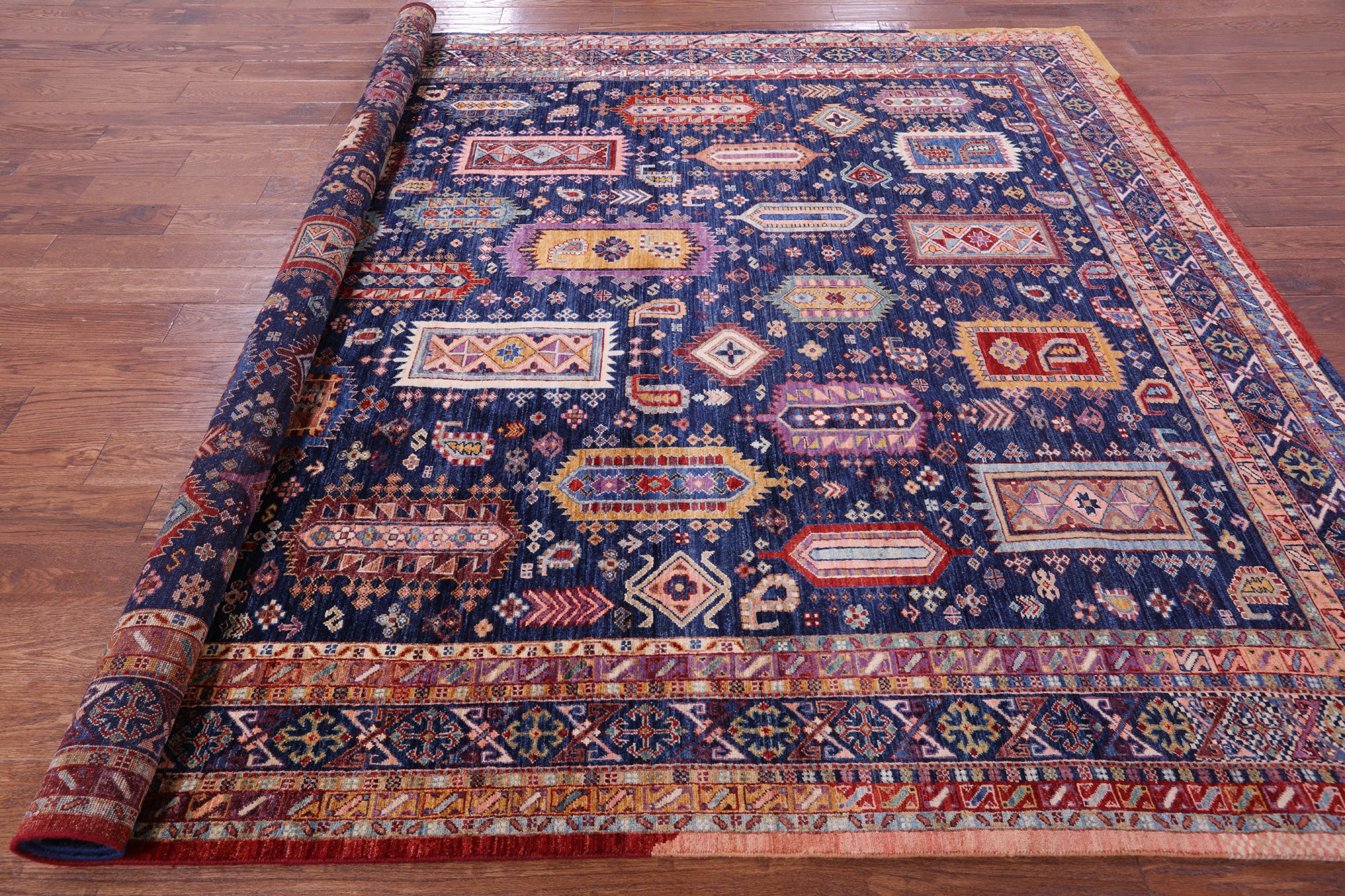 Blue Persian Fine Serapi Hand Knotted Wool Rug - 8' 2" X 9' 6" - Golden Nile