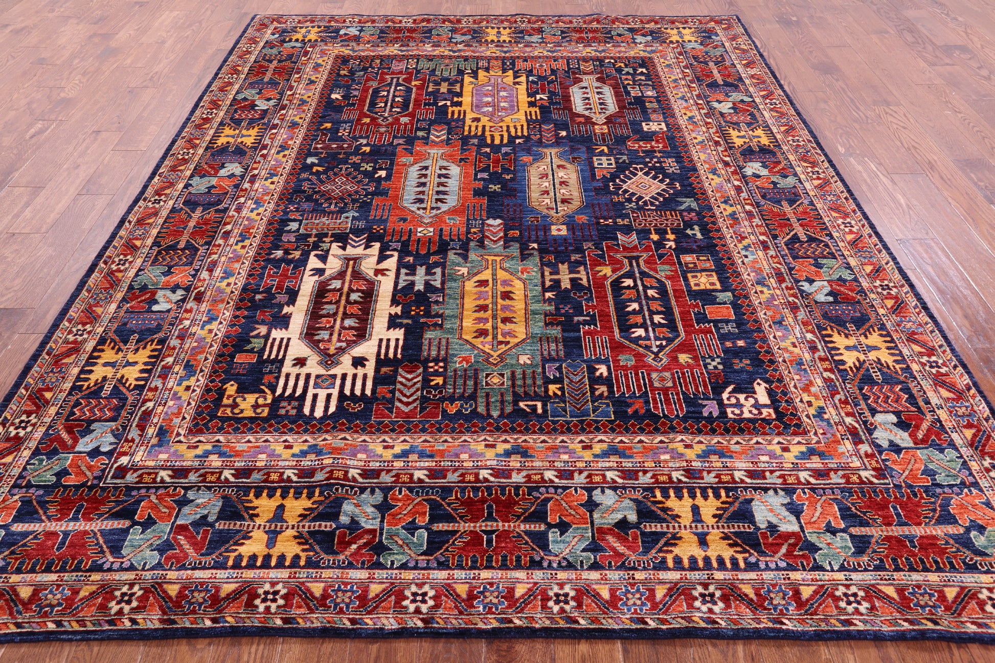Blue Persian Fine Serapi Hand Knotted Wool Rug - 8' 0" X 9' 11" - Golden Nile