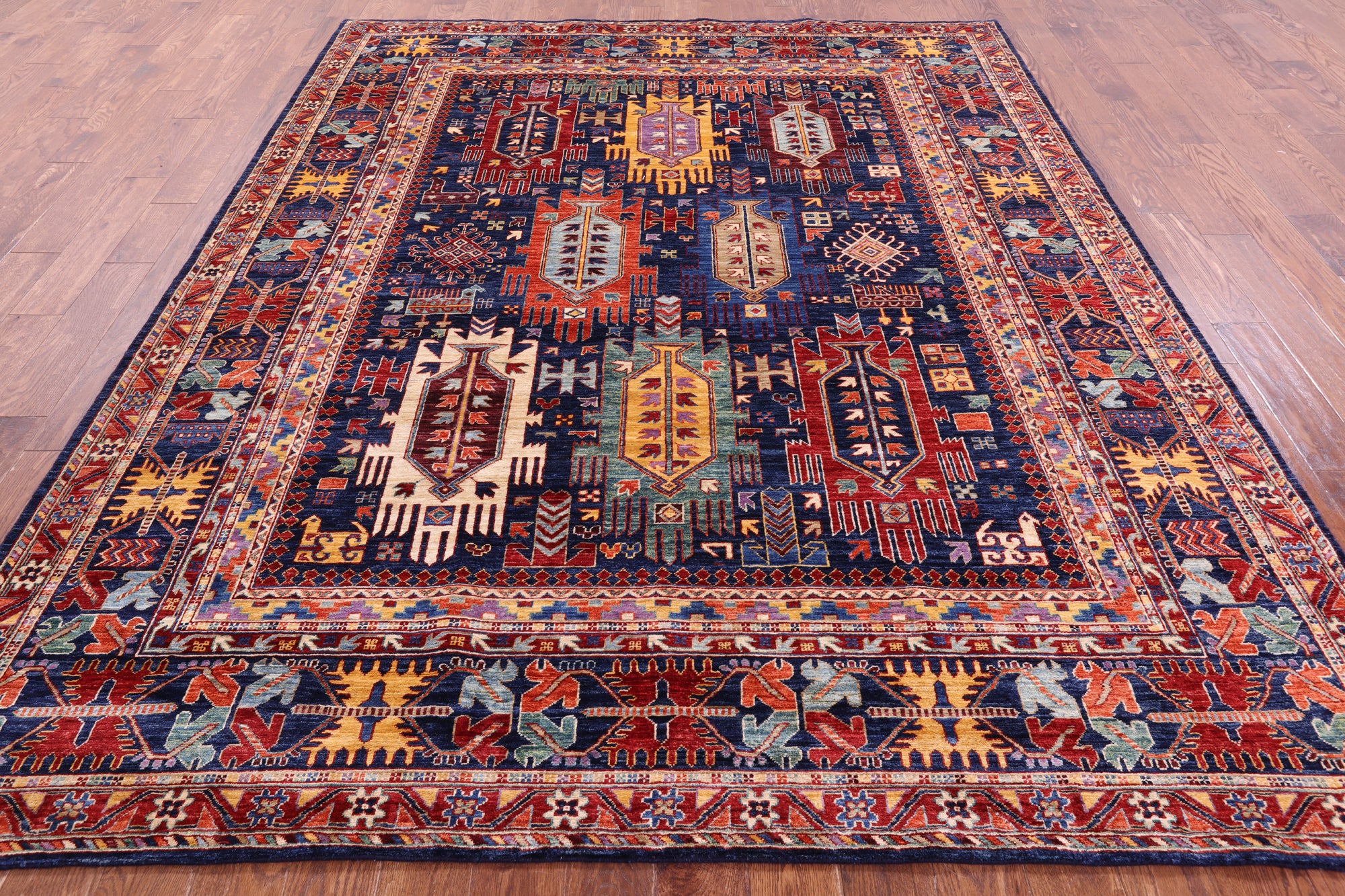 Blue Persian Fine Serapi Hand Knotted Wool Rug - 8' 0" X 9' 11" - Golden Nile