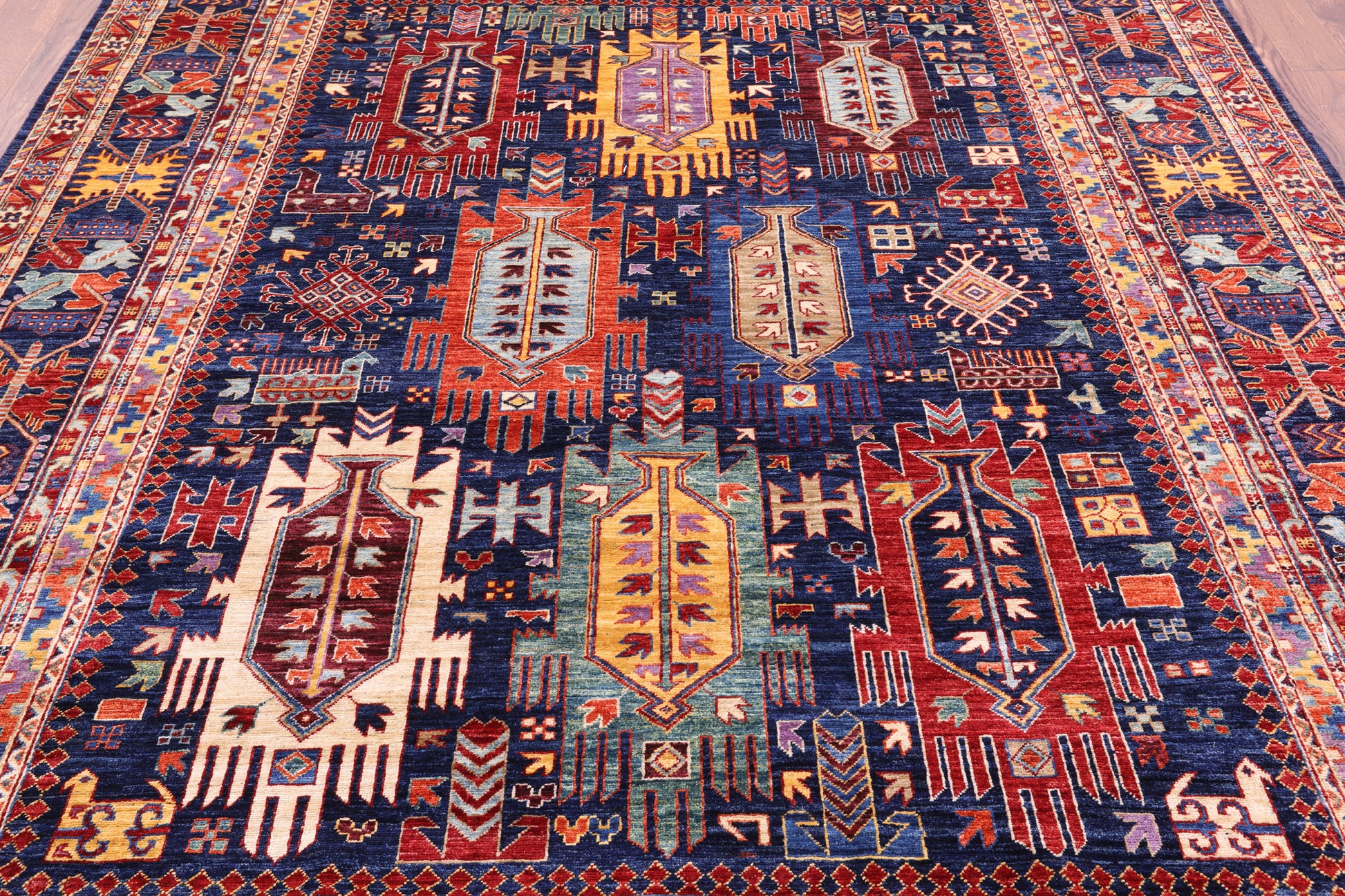 Blue Persian Fine Serapi Hand Knotted Wool Rug - 8' 0" X 9' 11" - Golden Nile