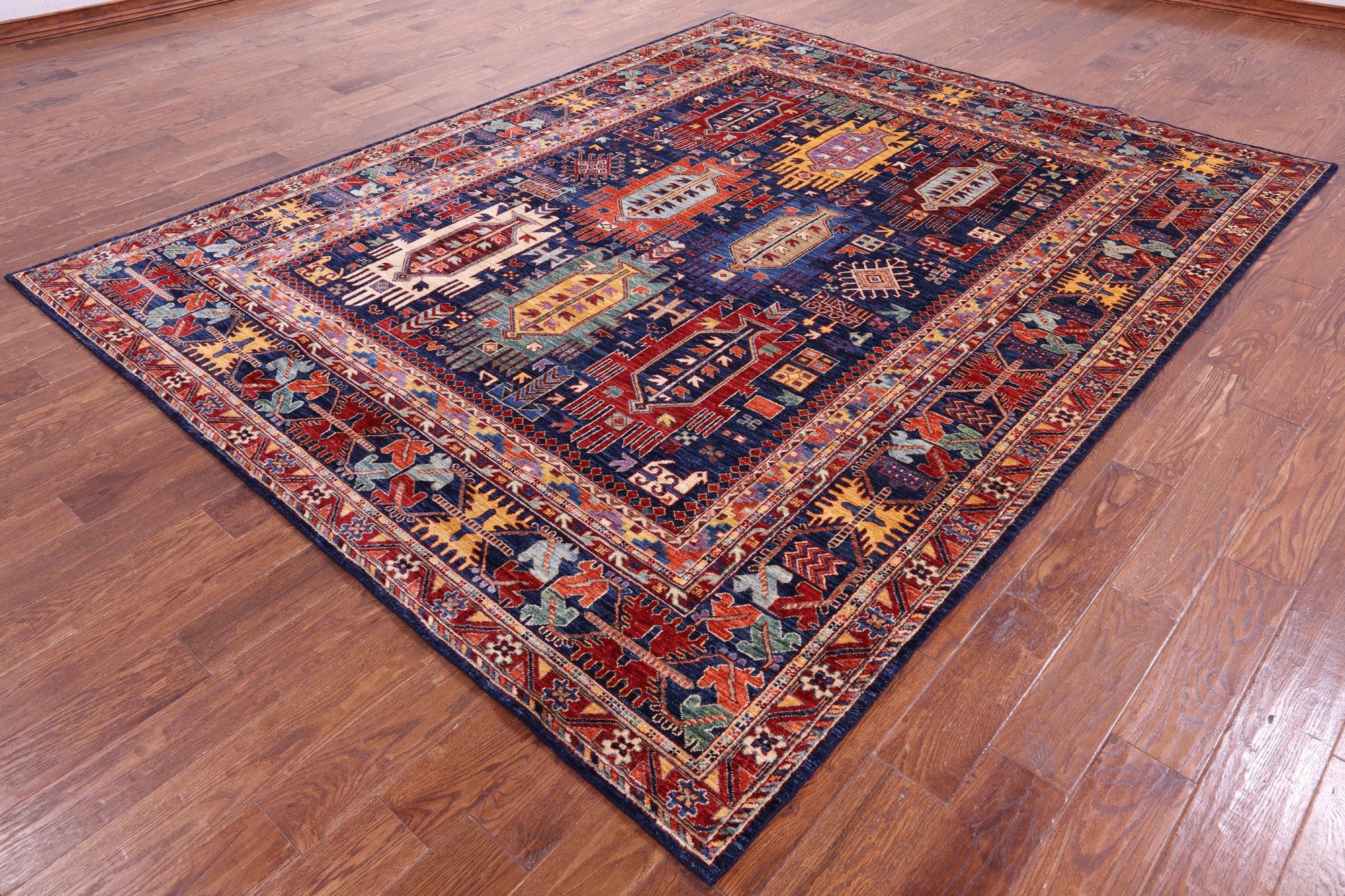 Blue Persian Fine Serapi Hand Knotted Wool Rug - 8' 0" X 9' 11" - Golden Nile