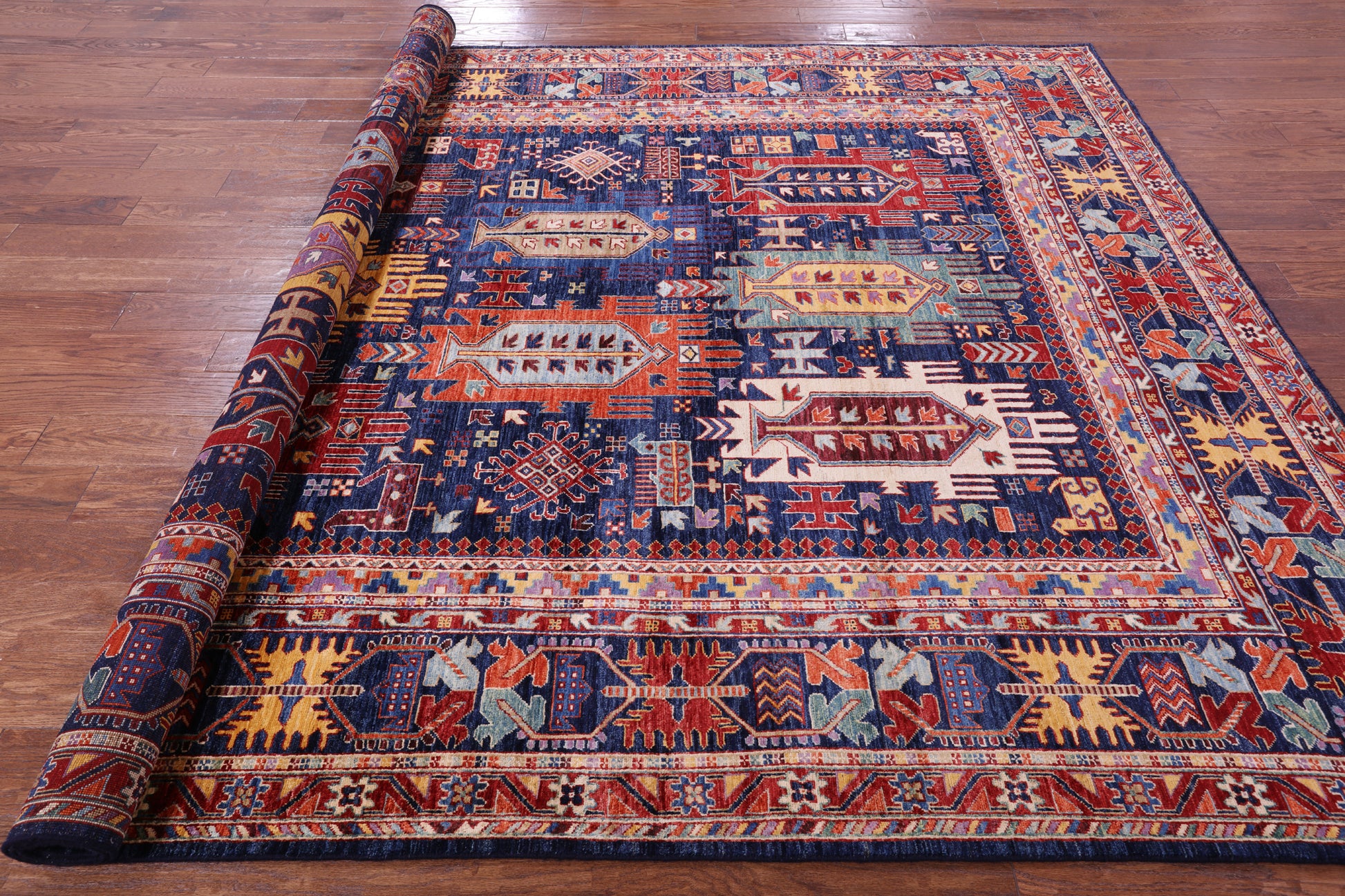 Blue Persian Fine Serapi Hand Knotted Wool Rug - 8' 0" X 9' 11" - Golden Nile