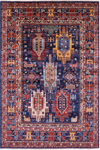Blue Persian Fine Serapi Hand Knotted Wool Rug - 4' 11" X 7' 3" - Golden Nile