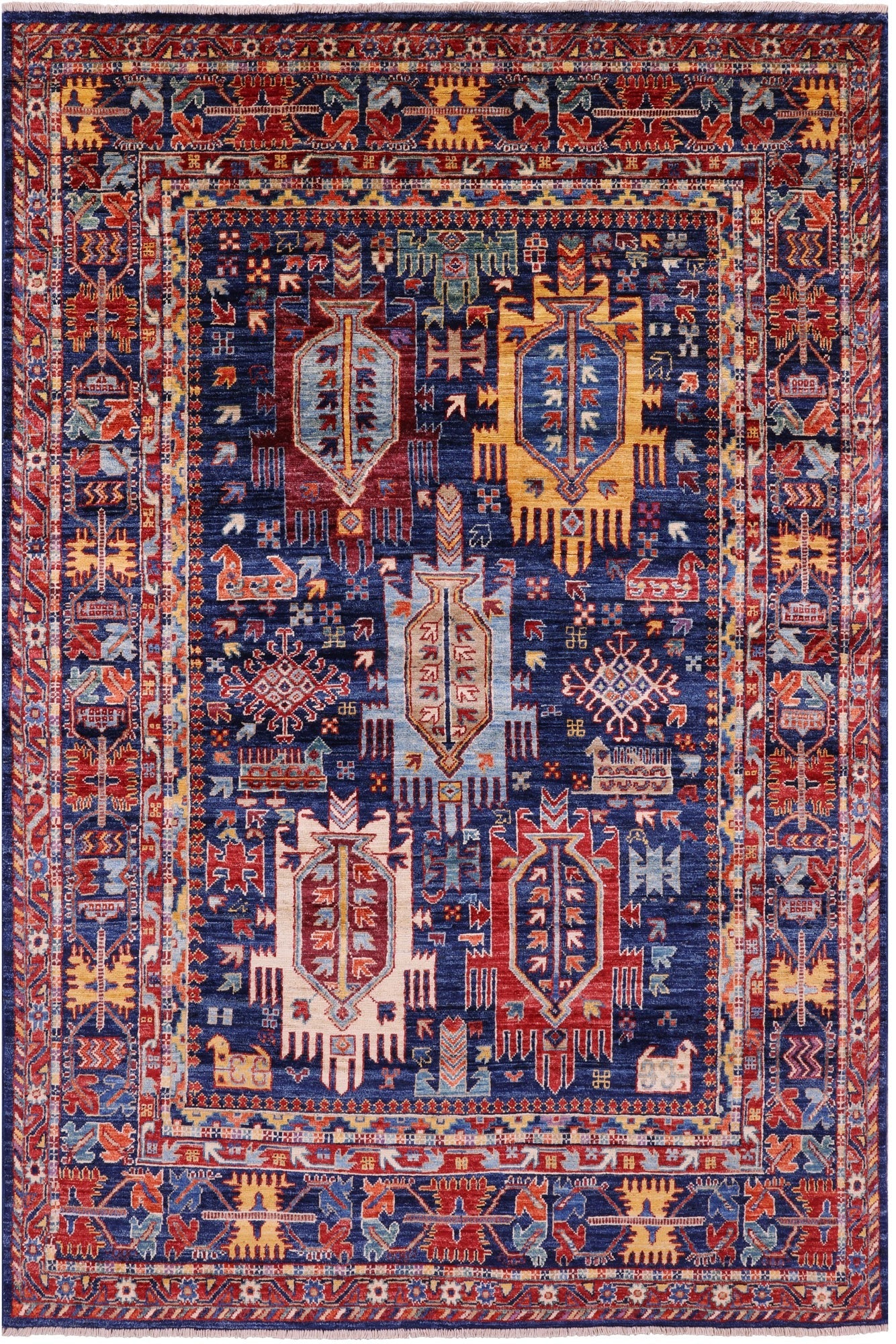 Blue Persian Fine Serapi Hand Knotted Wool Rug - 4' 11" X 7' 3" - Golden Nile