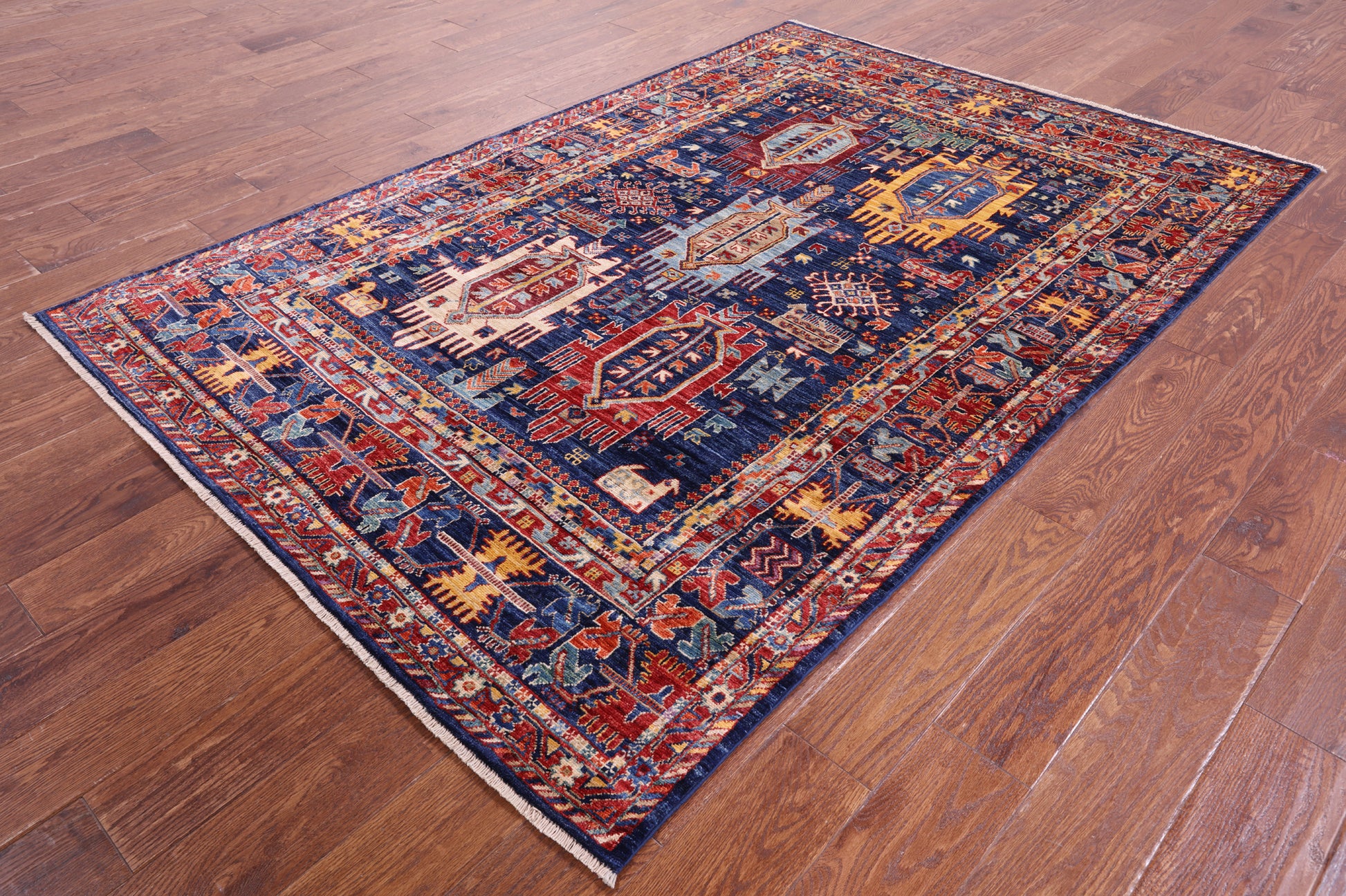 Blue Persian Fine Serapi Hand Knotted Wool Rug - 4' 11" X 7' 3" - Golden Nile