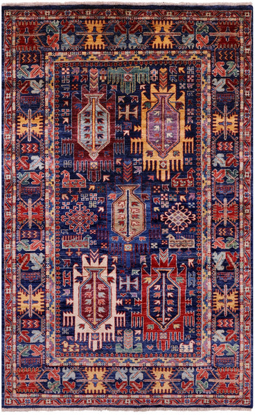Blue Persian Fine Serapi Hand Knotted Wool Rug - 3' 11" X 6' 3" - Golden Nile
