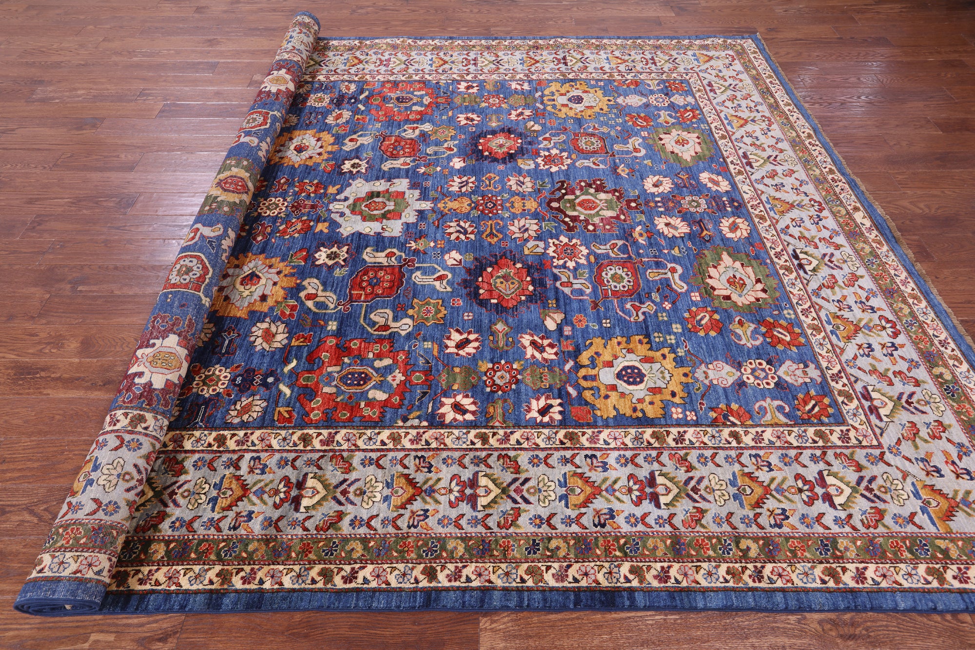 Blue Persian Fine Serapi Hand Knotted Wool Rug - 8' 11" X 11' 5" - Golden Nile