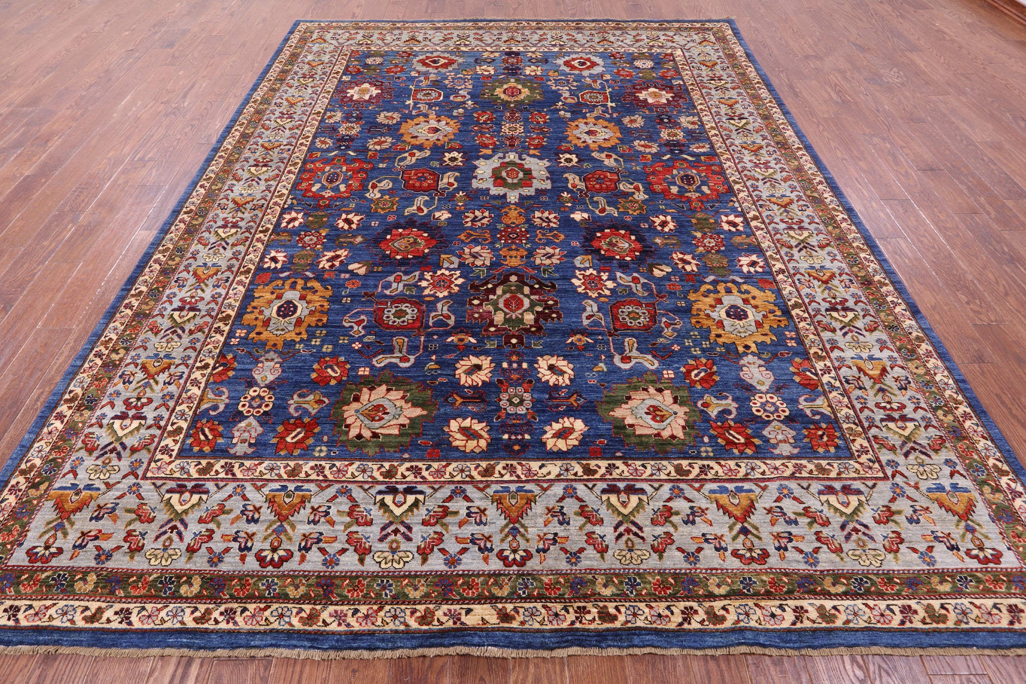 Blue Persian Fine Serapi Hand Knotted Wool Rug - 8' 11" X 11' 5" - Golden Nile