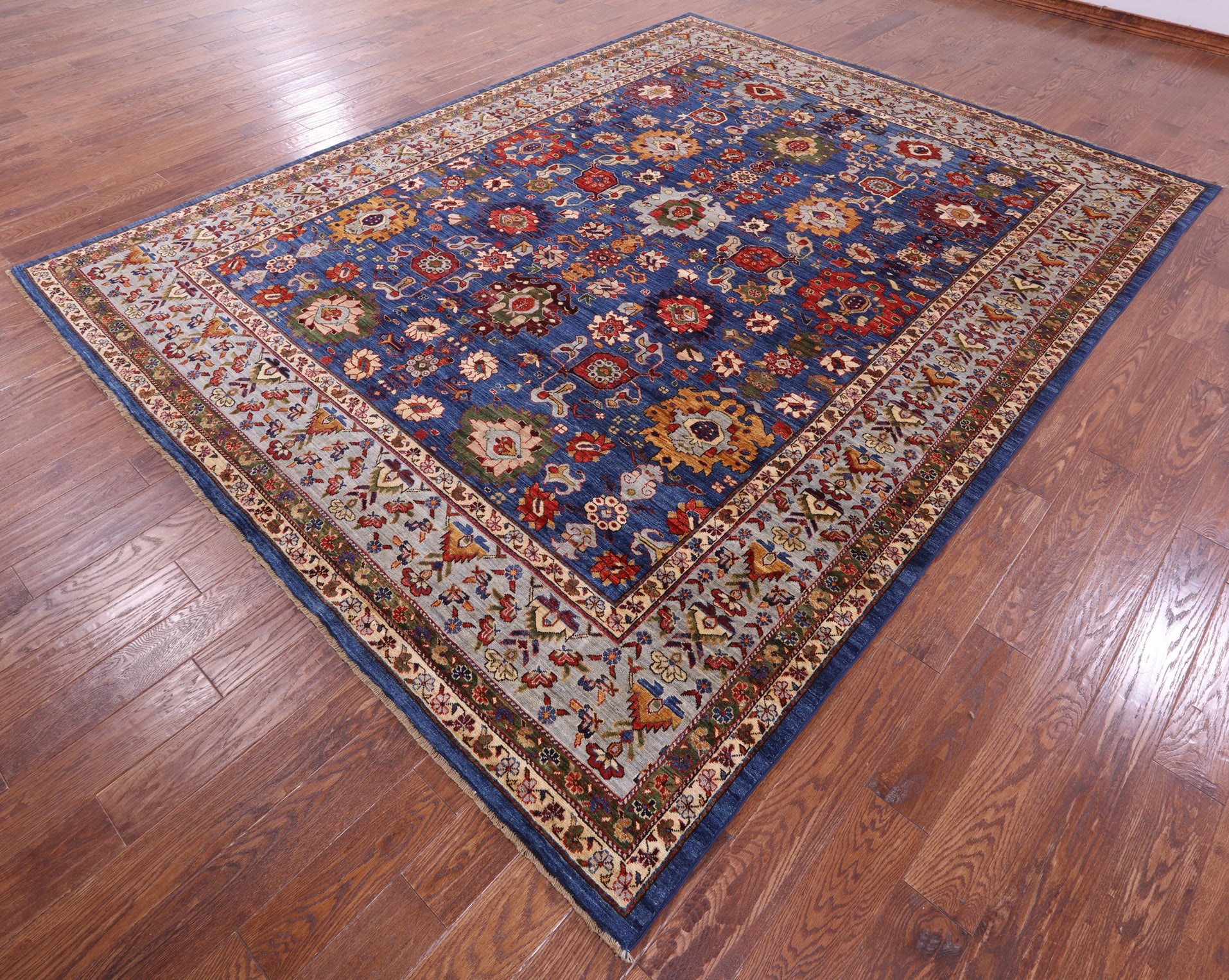 Blue Persian Fine Serapi Hand Knotted Wool Rug - 8' 11" X 11' 5" - Golden Nile