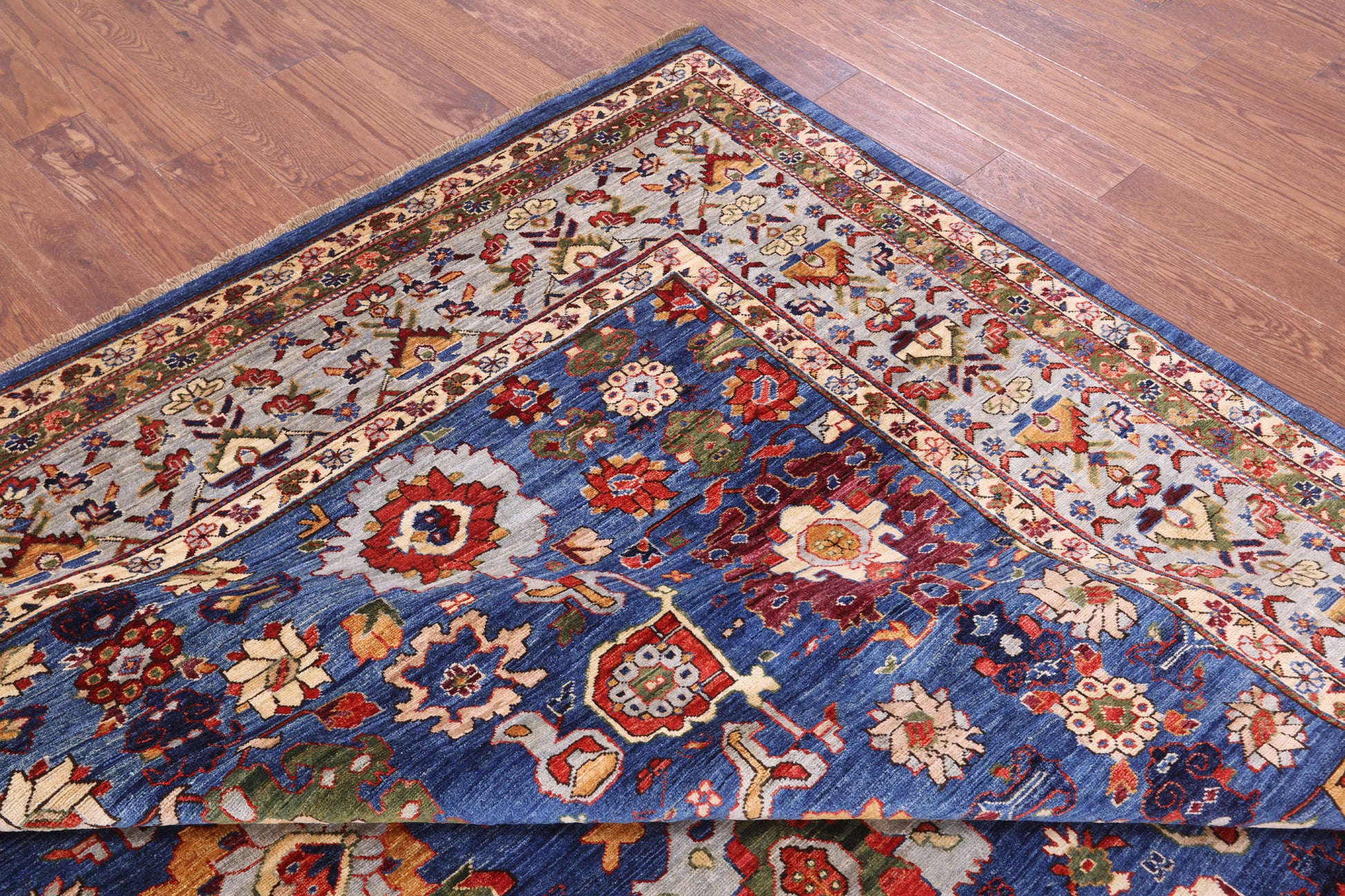Blue Persian Fine Serapi Hand Knotted Wool Rug - 8' 11" X 11' 5" - Golden Nile