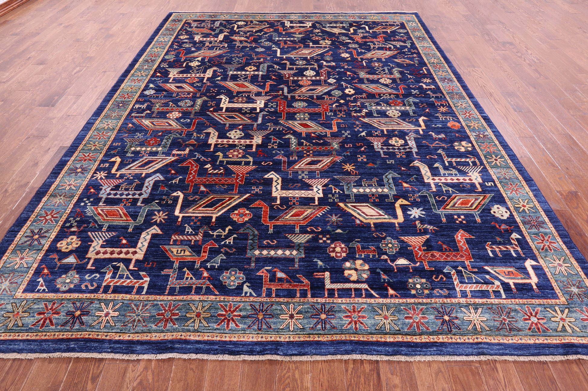 Blue Persian Fine Serapi Hand Knotted Wool Rug - 9' 1" X 11' 10" - Golden Nile