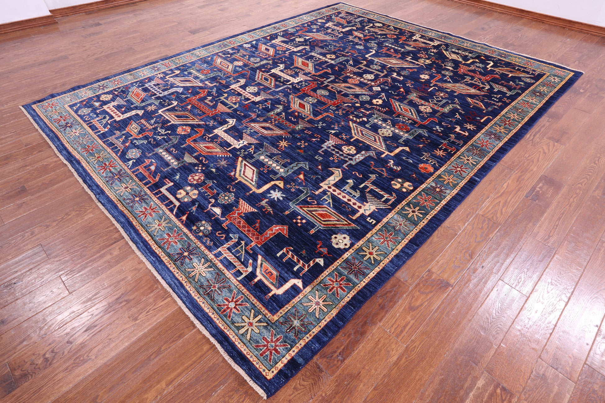 Blue Persian Fine Serapi Hand Knotted Wool Rug - 9' 1" X 11' 10" - Golden Nile