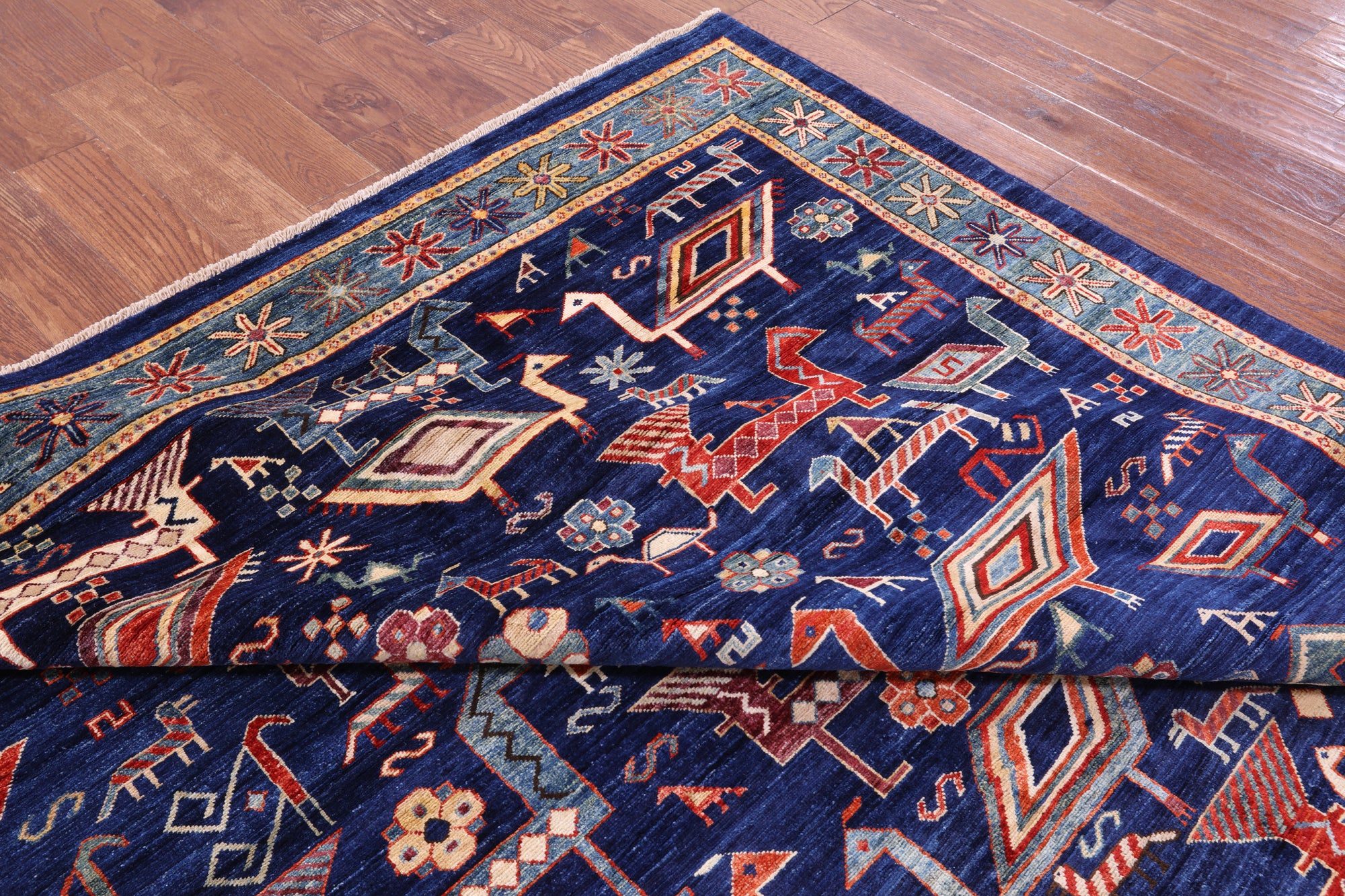 Blue Persian Fine Serapi Hand Knotted Wool Rug - 9' 1" X 11' 10" - Golden Nile