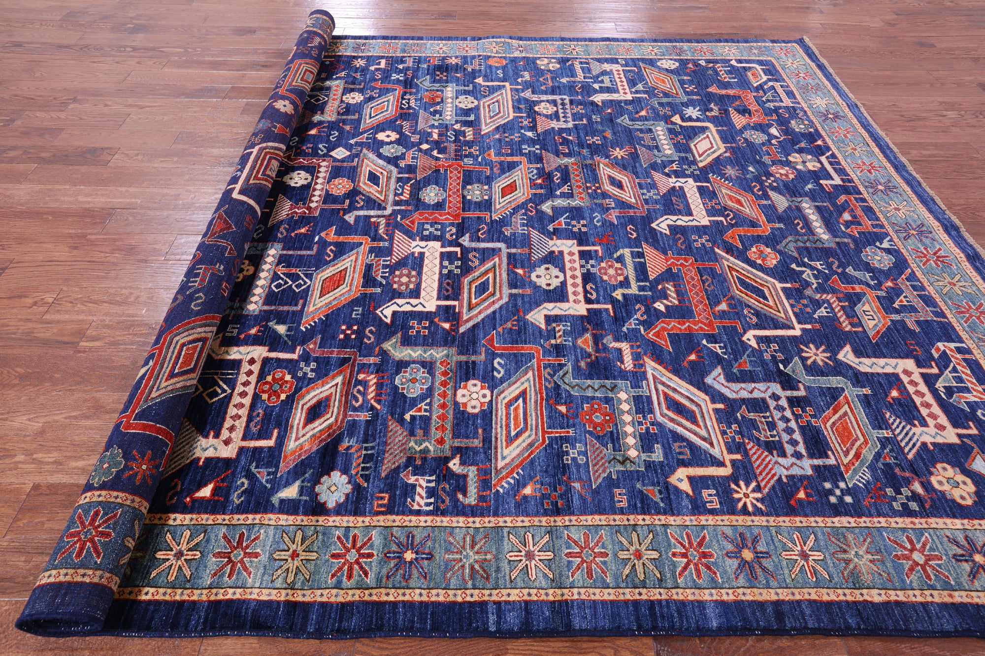 Blue Persian Fine Serapi Hand Knotted Wool Rug - 9' 1" X 11' 10" - Golden Nile