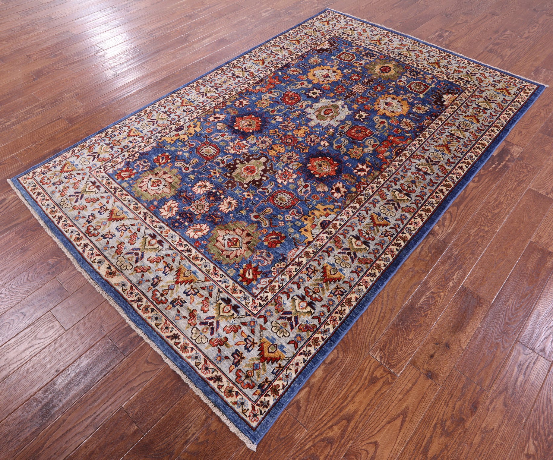 Blue Persian Fine Serapi Hand Knotted Wool Rug - 5' 9" X 8' 11" - Golden Nile