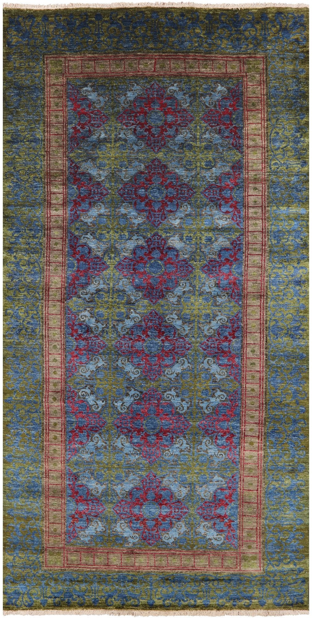 Green William Morris Handmade Wool Area Rug - 6' 2" X 12' 1" - Golden Nile