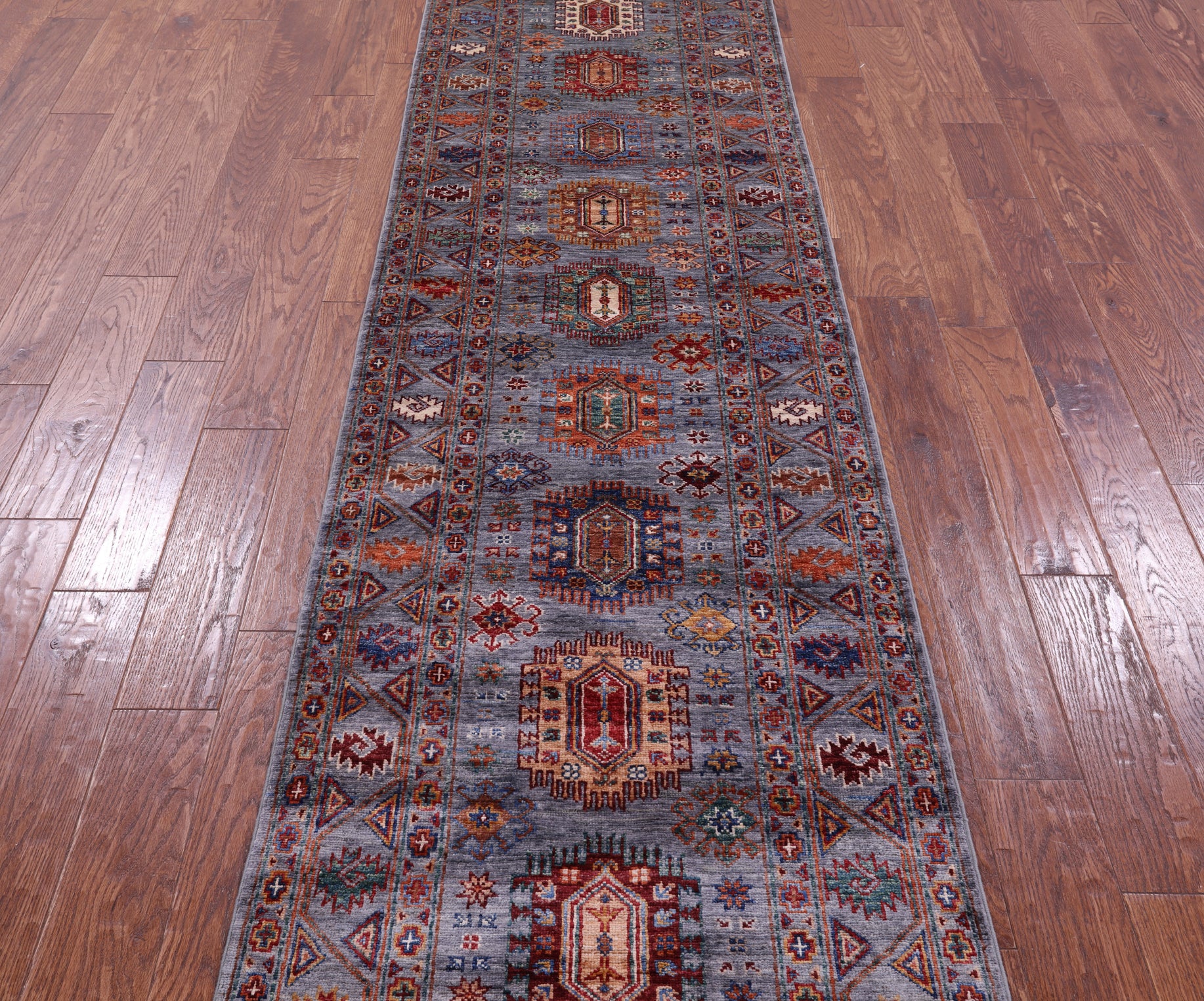 Grey Turkmen Ersari Hand Knotted Wool Runner Rug - 2' 7" X 9' 6" - Golden Nile