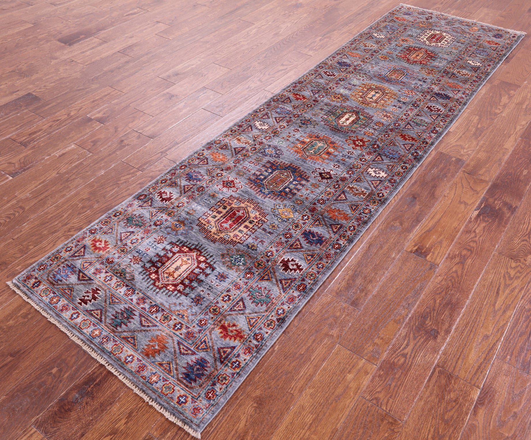 Grey Turkmen Ersari Hand Knotted Wool Runner Rug - 2' 7" X 9' 6" - Golden Nile