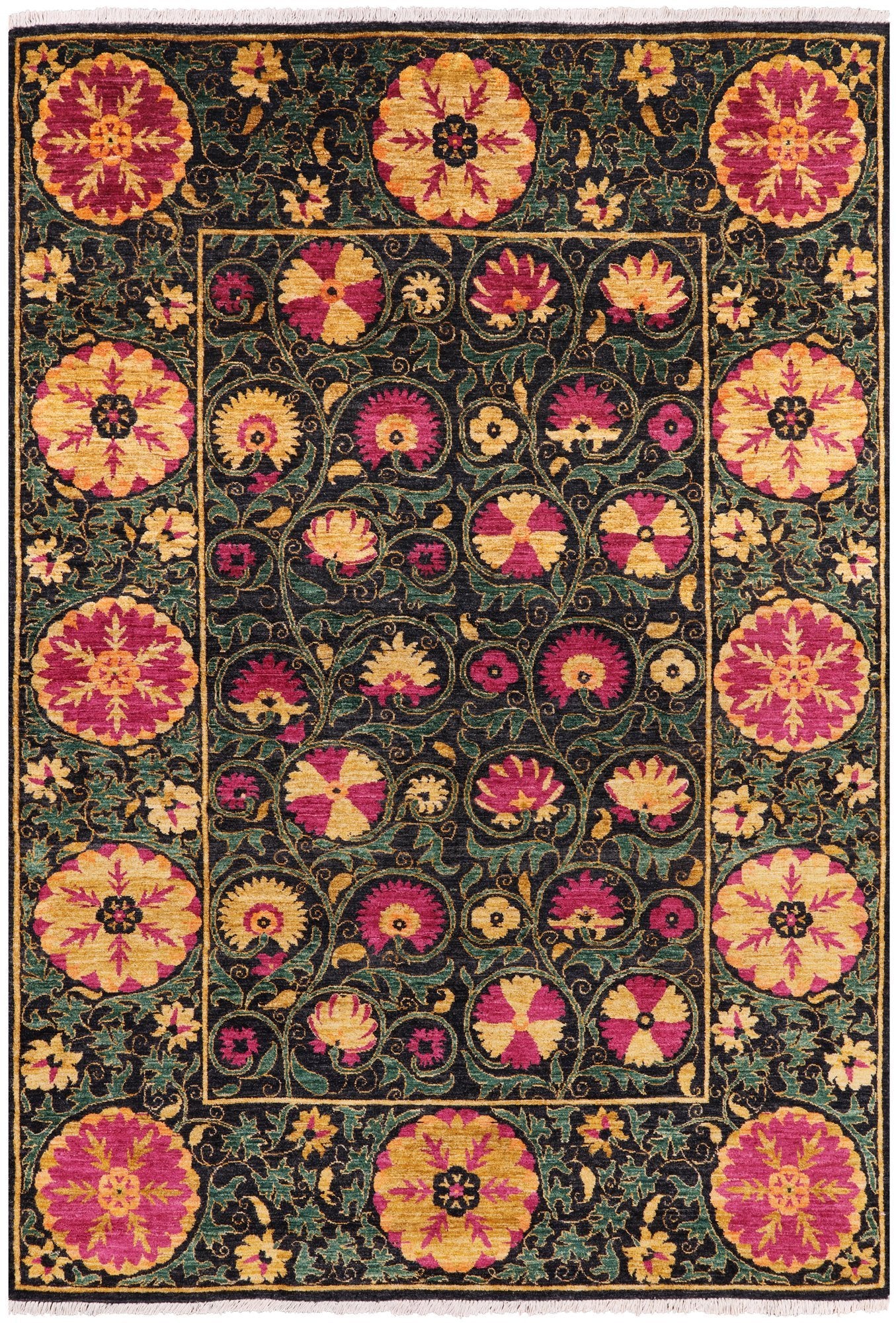 Black William Morris Handmade Wool Area Rug - 6' 2" X 8' 10" - Golden Nile