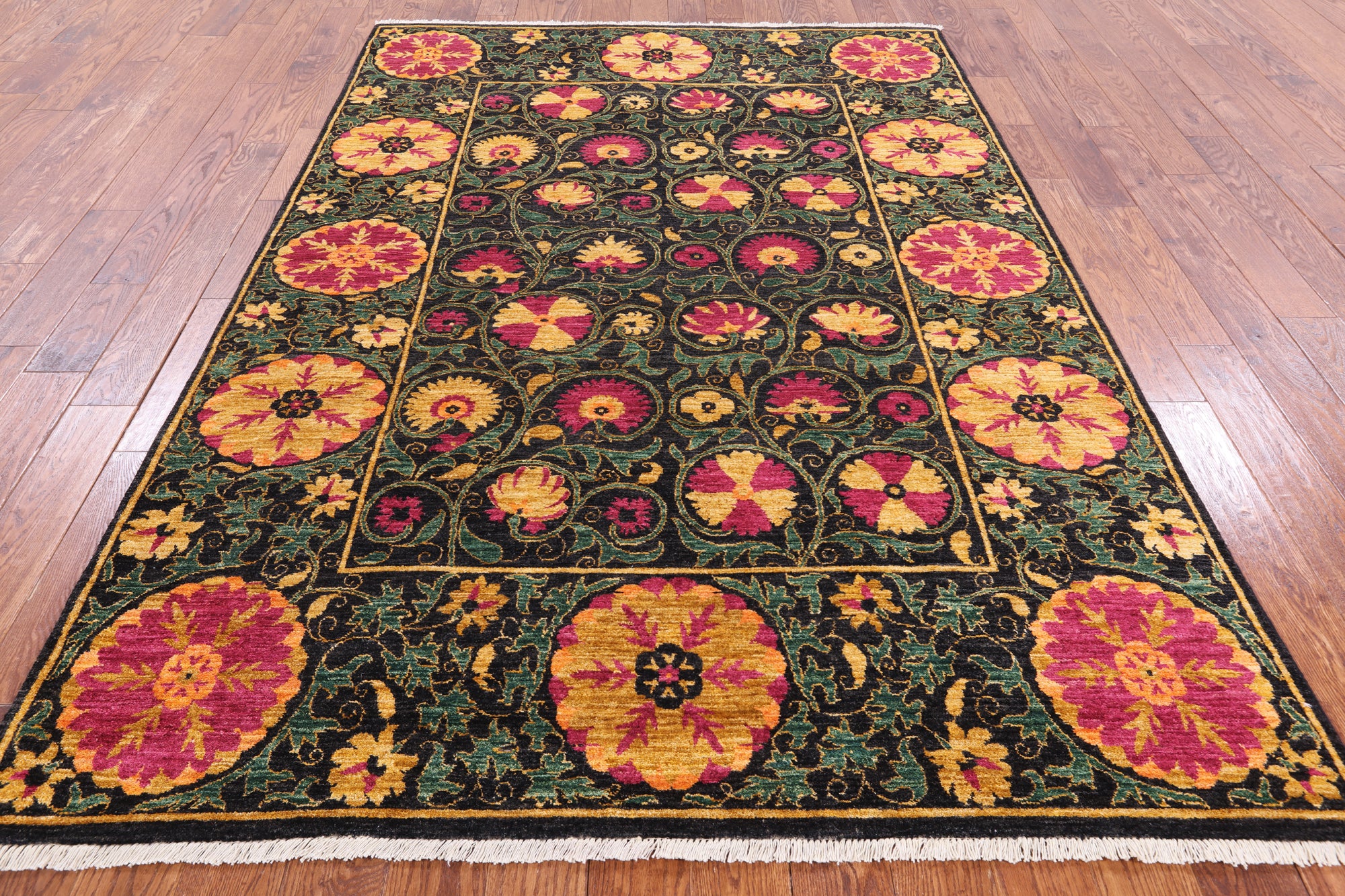 Black William Morris Handmade Wool Area Rug - 6' 2" X 8' 10" - Golden Nile