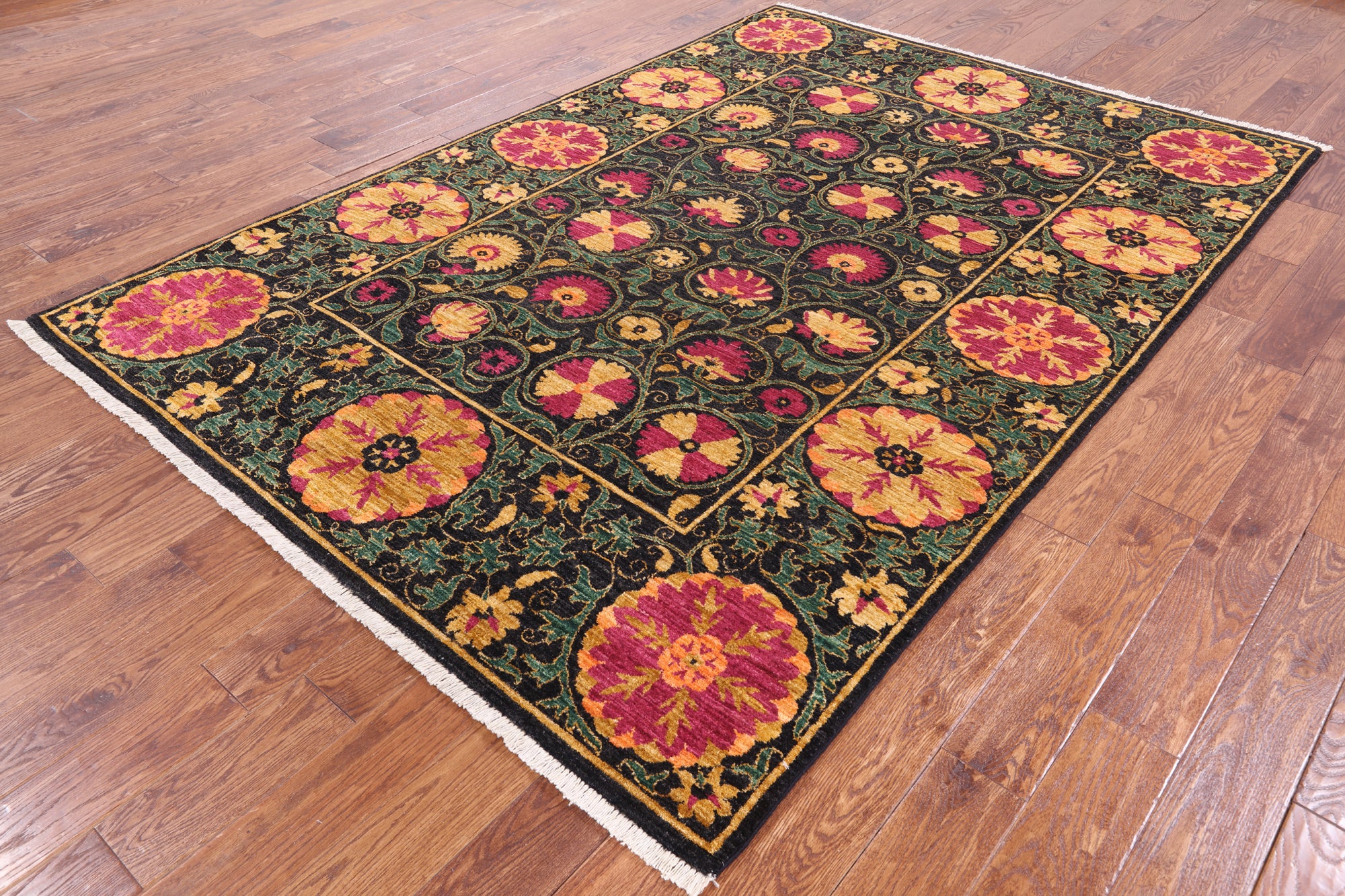 Black William Morris Handmade Wool Area Rug - 6' 2" X 8' 10" - Golden Nile