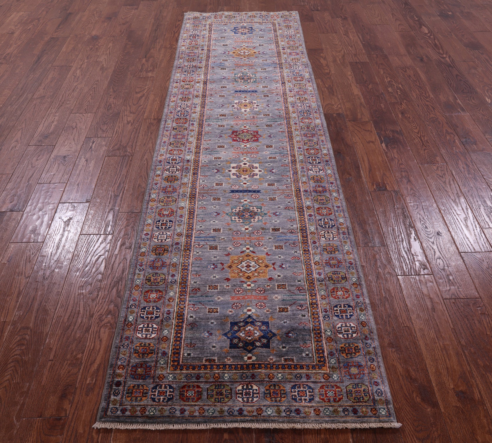 Grey Super Kazak Hand Knotted Wool Runner Rug - 2' 8" X 9' 8" - Golden Nile
