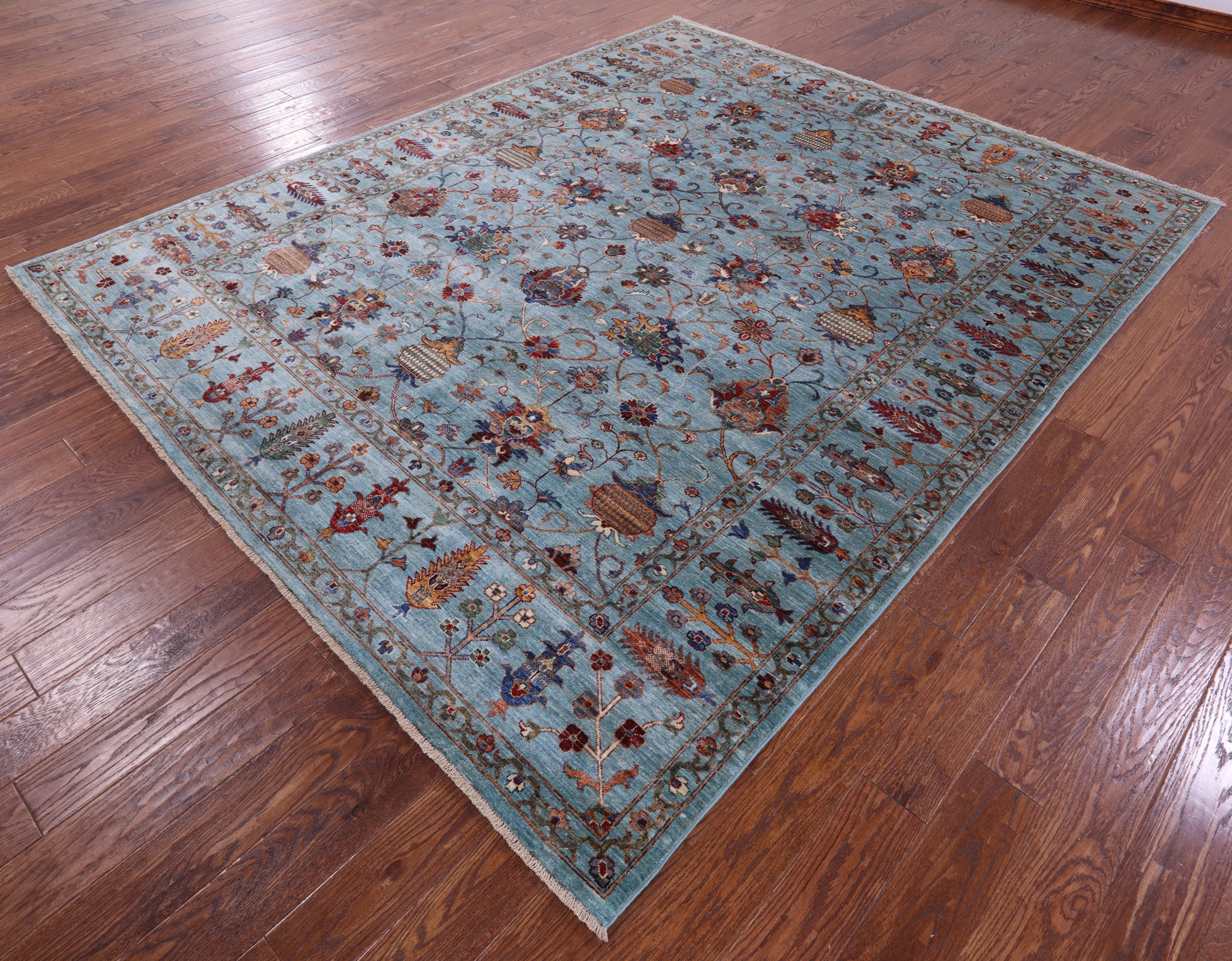 Blue Peshawar Handmade Wool Rug - 8' 0" X 9' 10" - Golden Nile