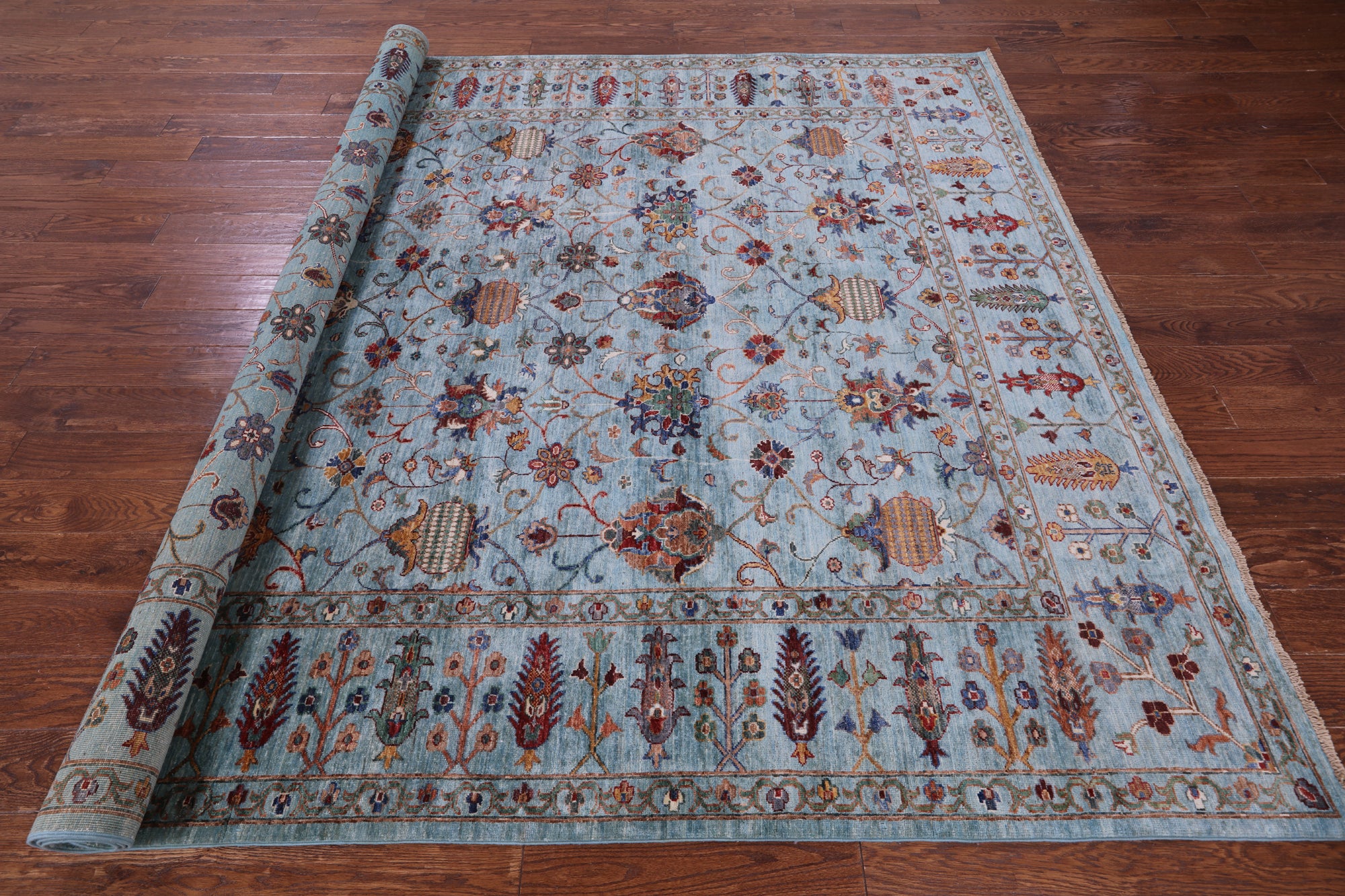 Blue Peshawar Handmade Wool Rug - 8' 0" X 9' 10" - Golden Nile