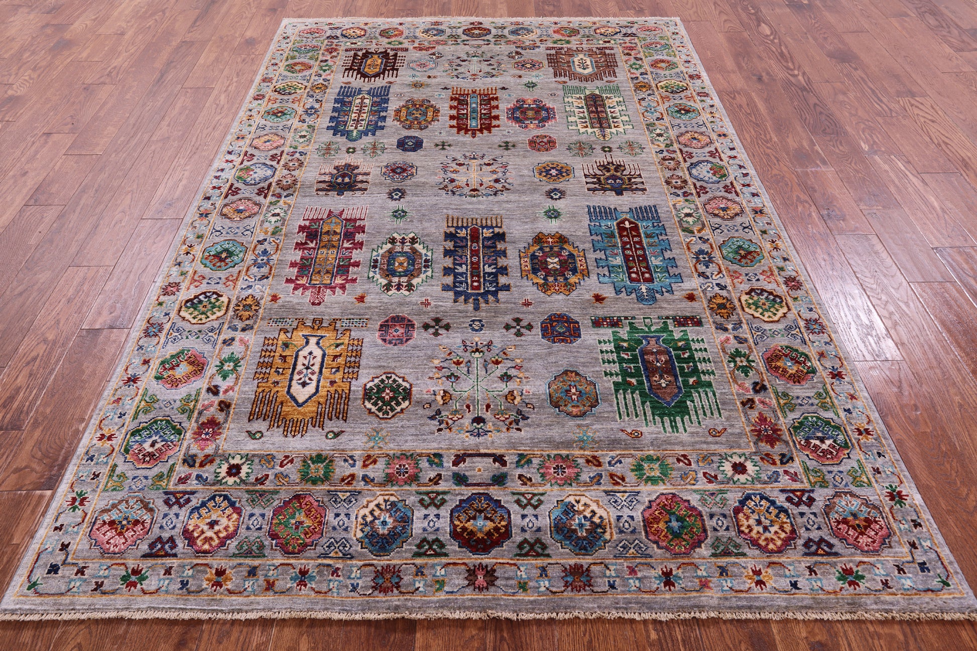 Grey Turkmen Ersari Hand Knotted Wool Rug - 5' 9" X 8' 7" - Golden Nile