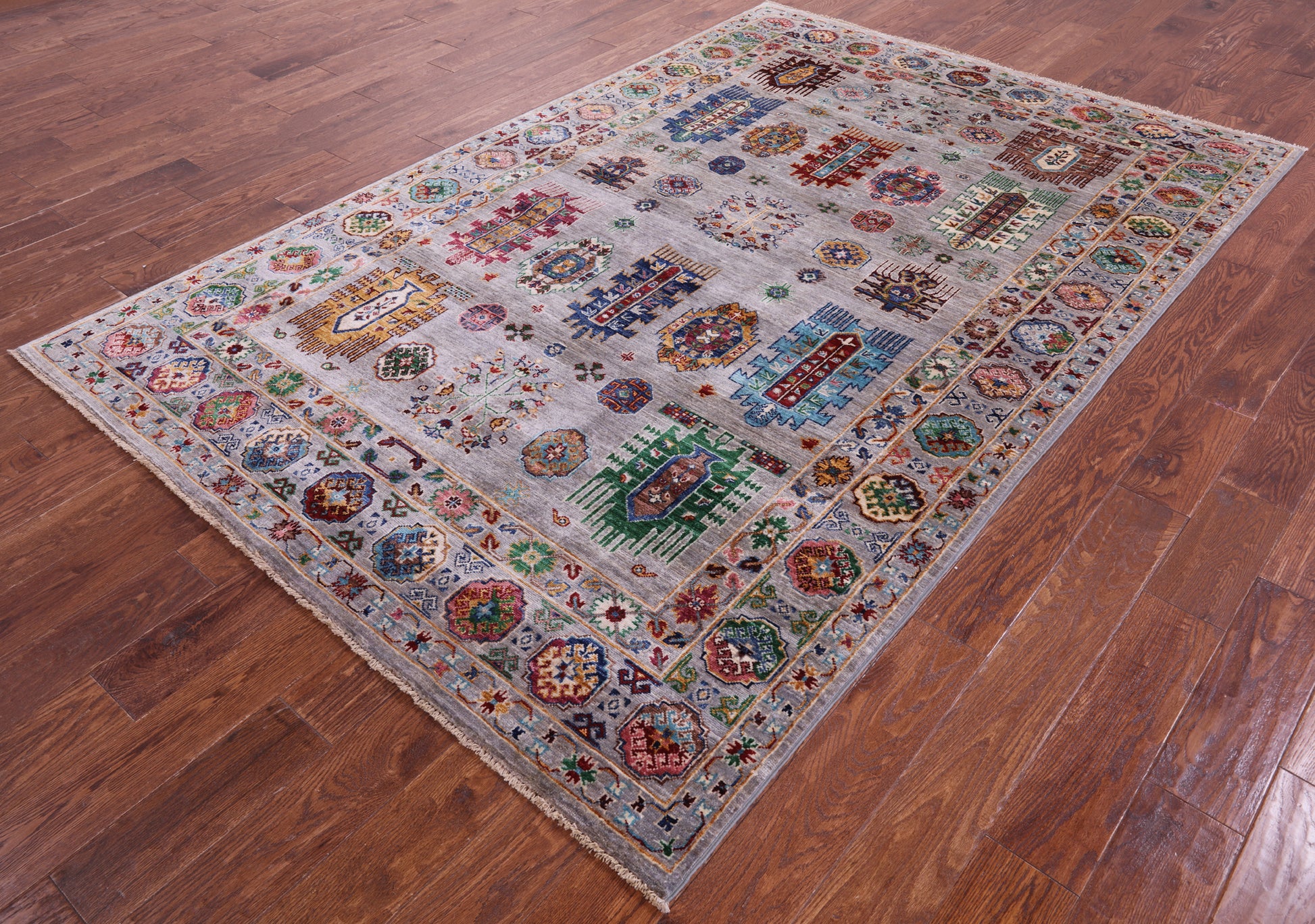 Grey Turkmen Ersari Hand Knotted Wool Rug - 5' 9" X 8' 7" - Golden Nile