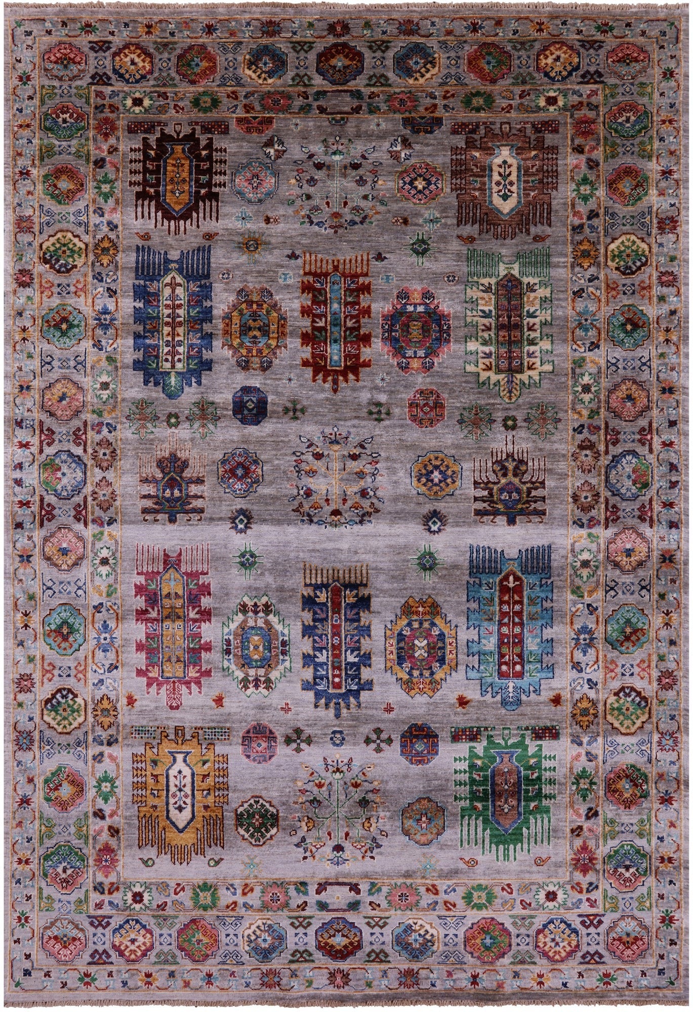Grey Turkmen Ersari Hand Knotted Wool Rug - 5' 9" X 8' 7" - Golden Nile