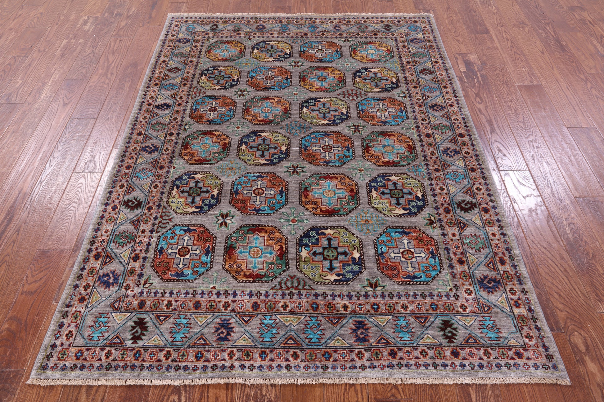 Grey Turkmen Ersari Hand Knotted Wool Rug - 5' 2" X 6' 11" - Golden Nile