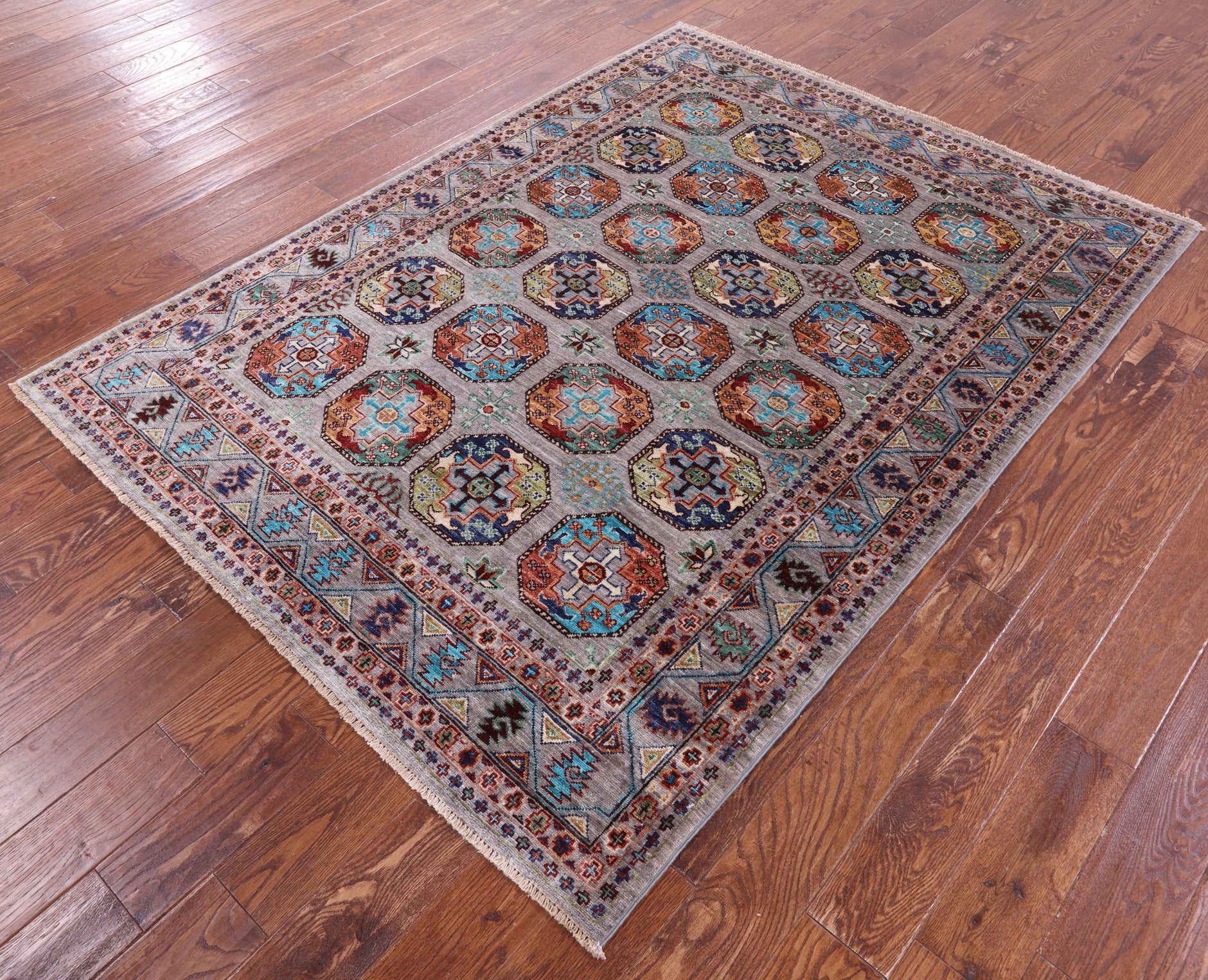 Grey Turkmen Ersari Hand Knotted Wool Rug - 5' 2" X 6' 11" - Golden Nile